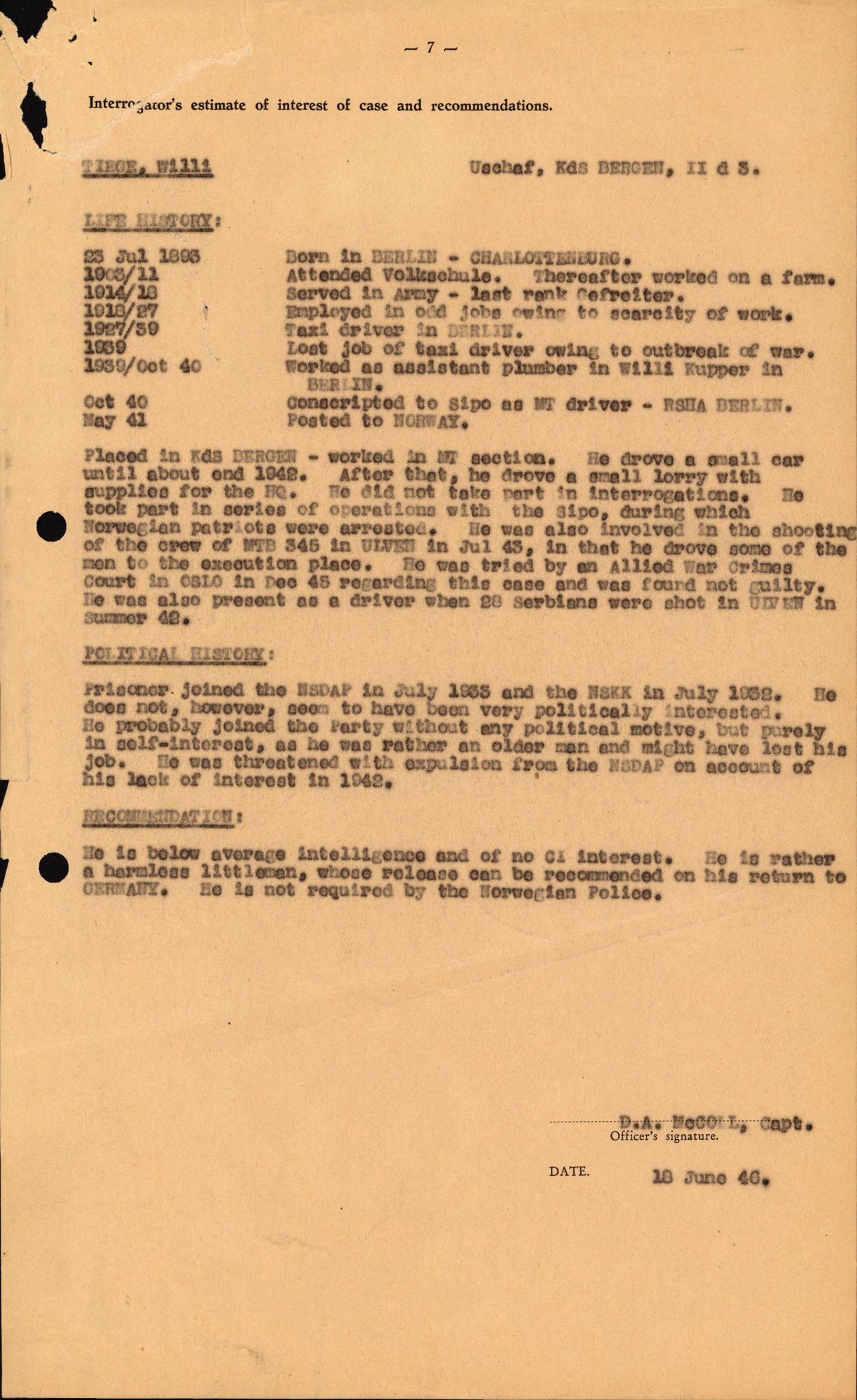 Forsvaret, Forsvarets overkommando II, AV/RA-RAFA-3915/D/Db/L0034: CI Questionaires. Tyske okkupasjonsstyrker i Norge. Tyskere., 1945-1946, s. 16