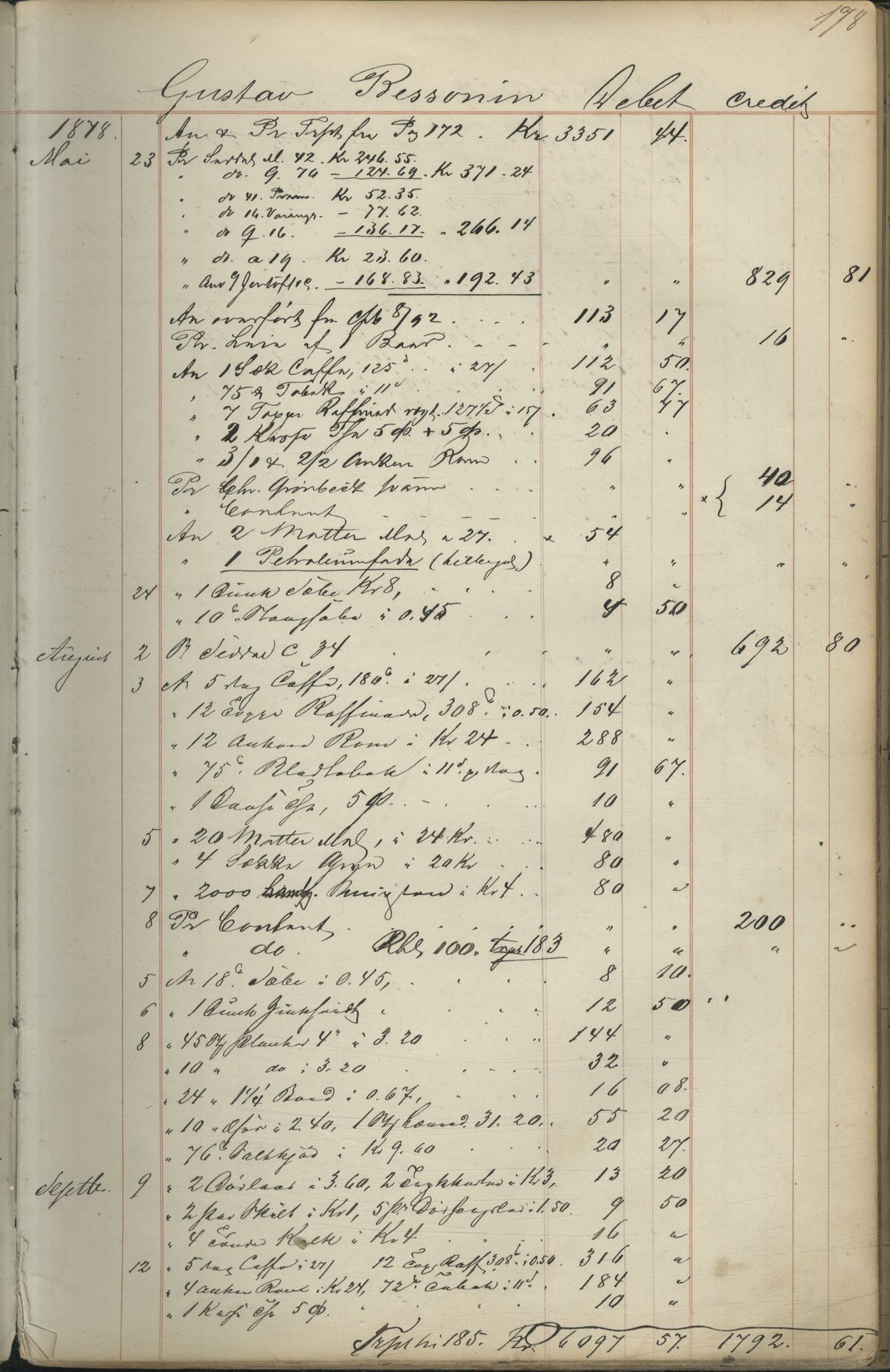 Brodtkorb handel A/S, VAMU/A-0001/F/Fc/L0001/0001: Konto for kvener og nordmenn på Kolahalvøya  / Conto for Kvæner og Nordmænd paa Russefinmarken No 1, 1868-1894, s. 178