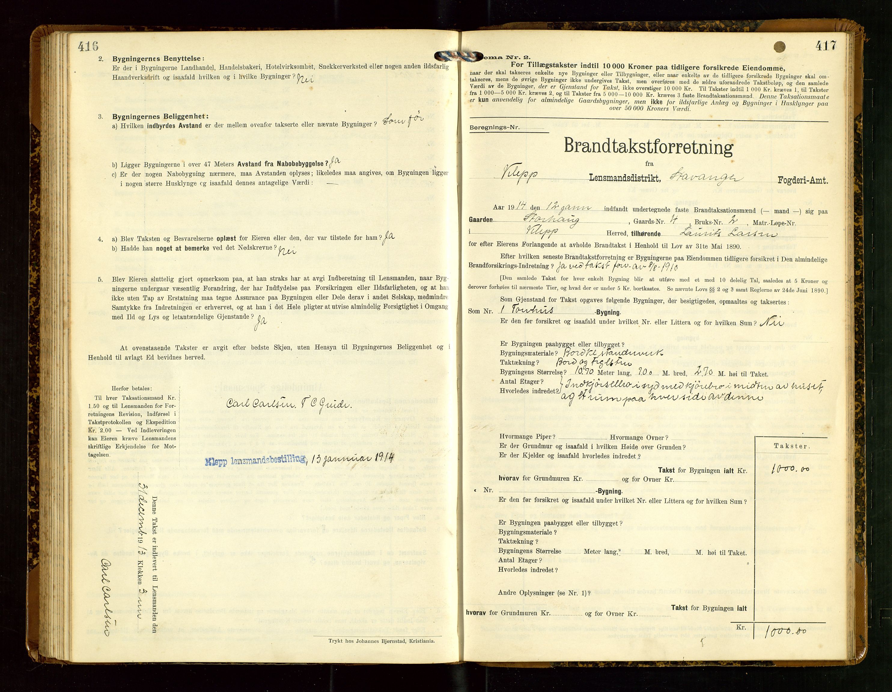 Klepp lensmannskontor, AV/SAST-A-100163/Goc/L0007: "Brandtaxationsprotokol" m/register, 1911-1915, s. 416-417