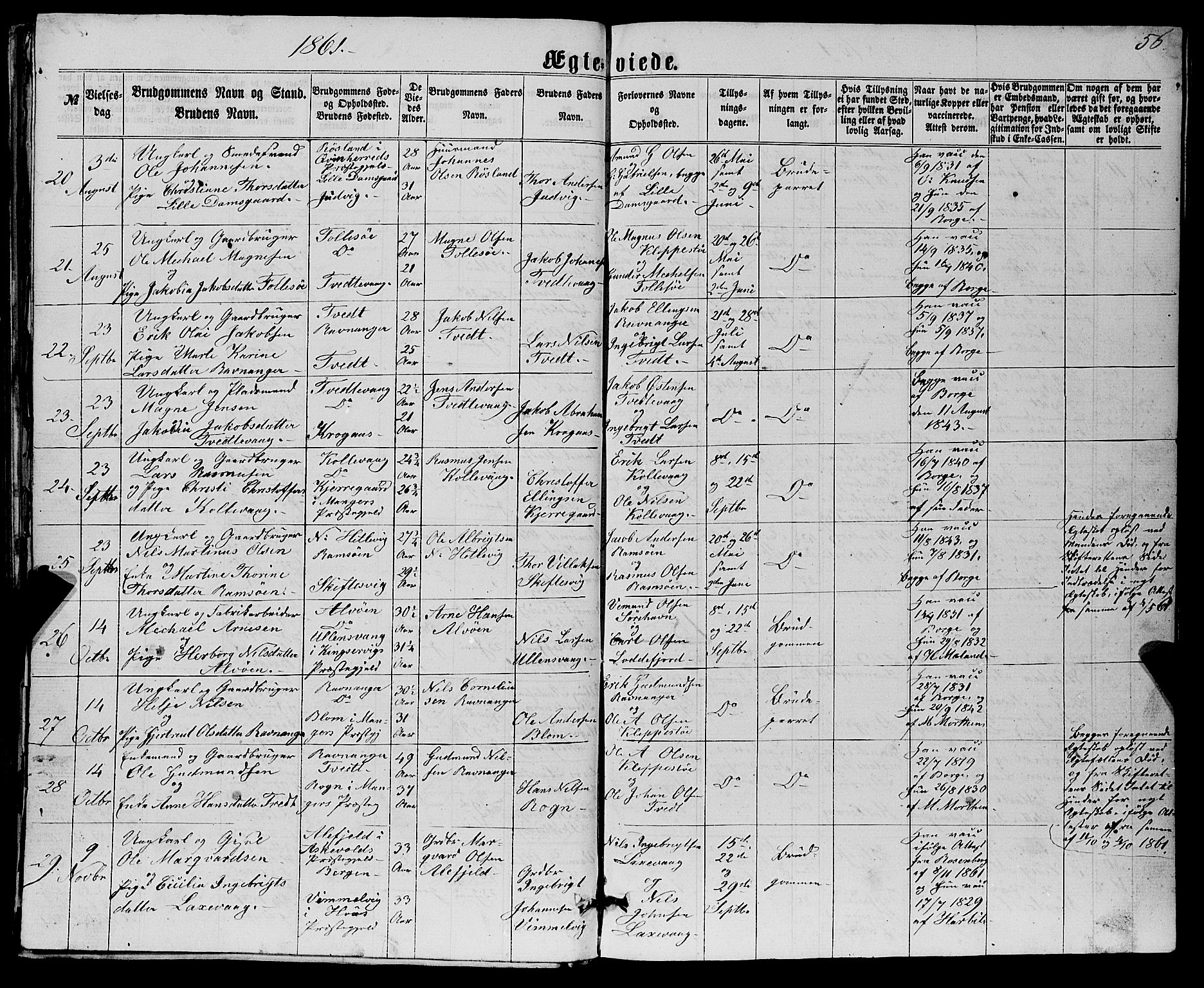 Askøy Sokneprestembete, AV/SAB-A-74101/H/Ha/Hab/Haba/L0006: Klokkerbok nr. A 6, 1861-1881, s. 56