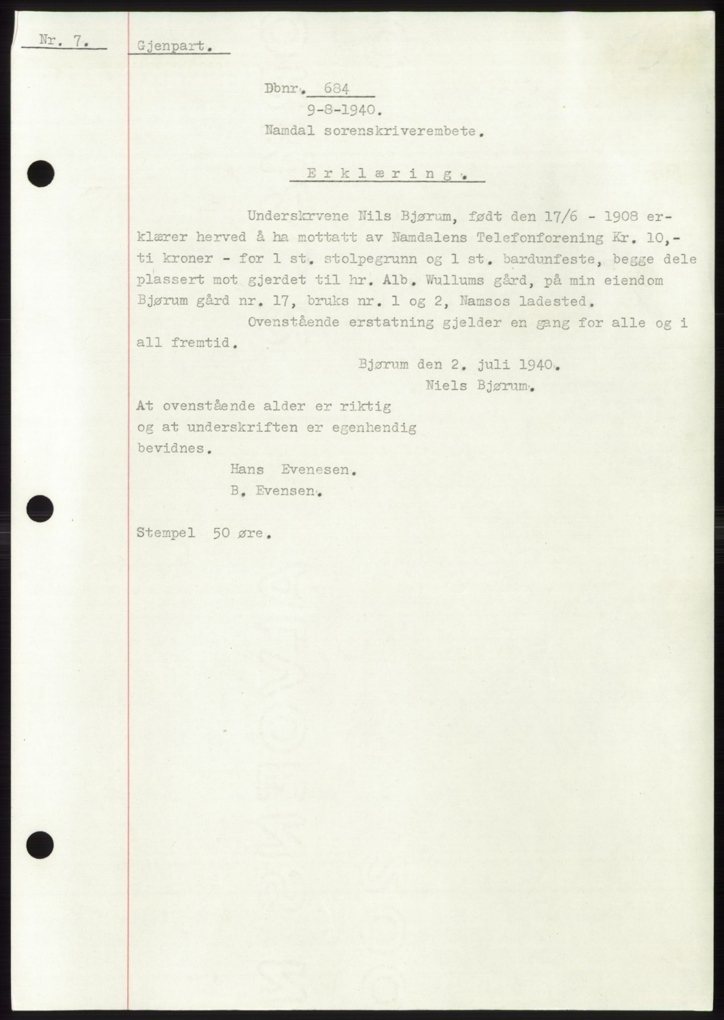 Namdal sorenskriveri, SAT/A-4133/1/2/2C: Pantebok nr. -, 1940-1941, Tingl.dato: 09.08.1940