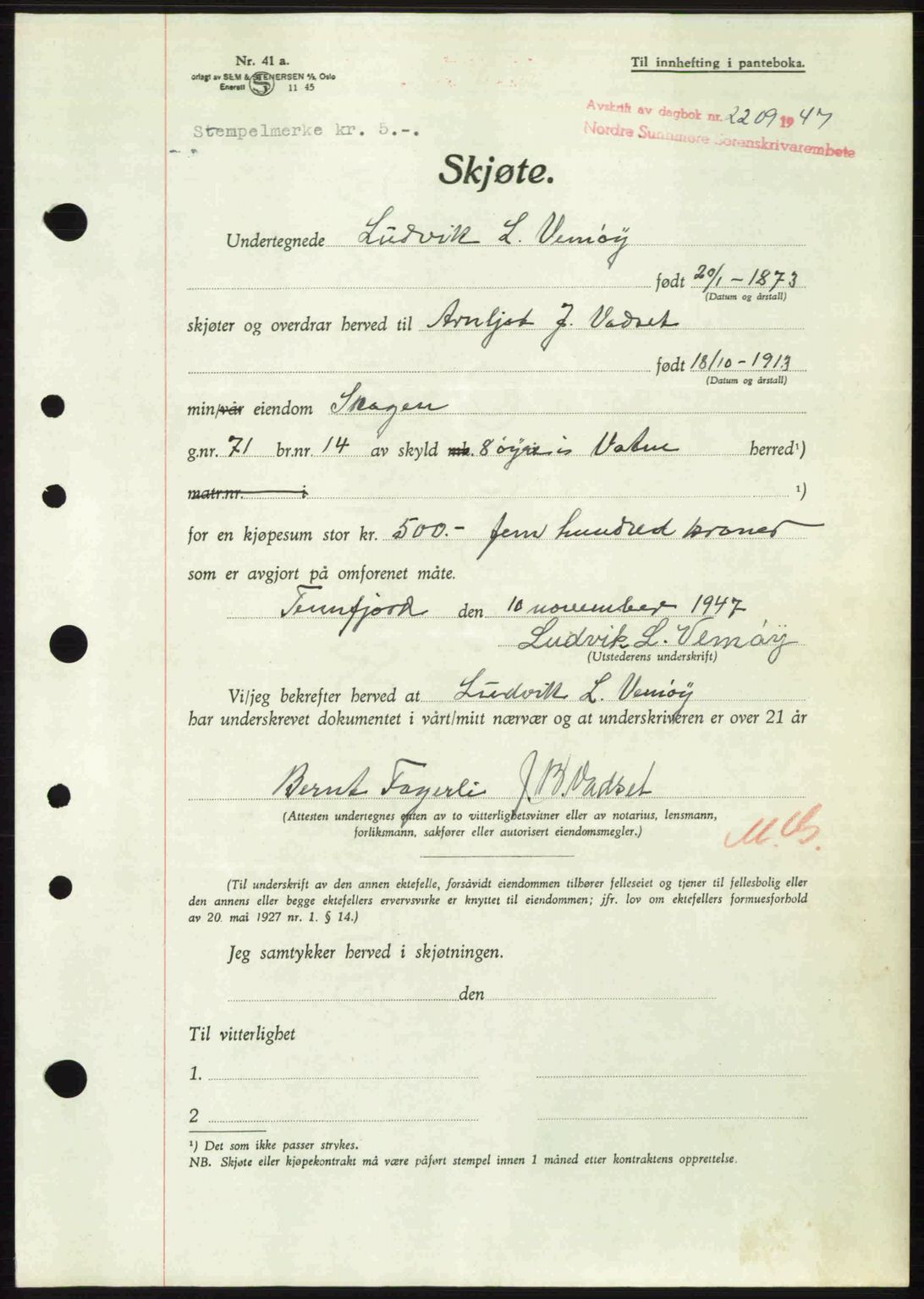 Nordre Sunnmøre sorenskriveri, AV/SAT-A-0006/1/2/2C/2Ca: Pantebok nr. A26, 1947-1948, Dagboknr: 2209/1947