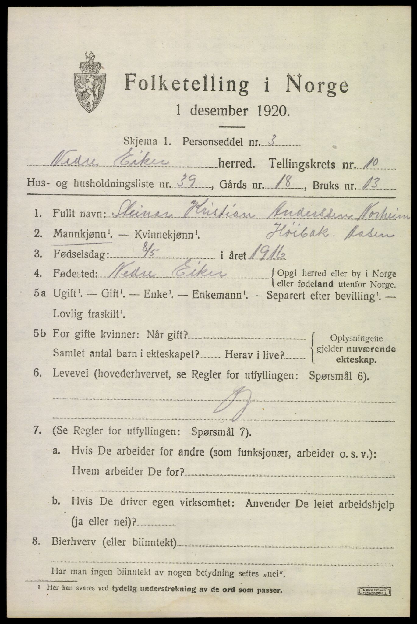 SAKO, Folketelling 1920 for 0625 Nedre Eiker herred, 1920, s. 10245