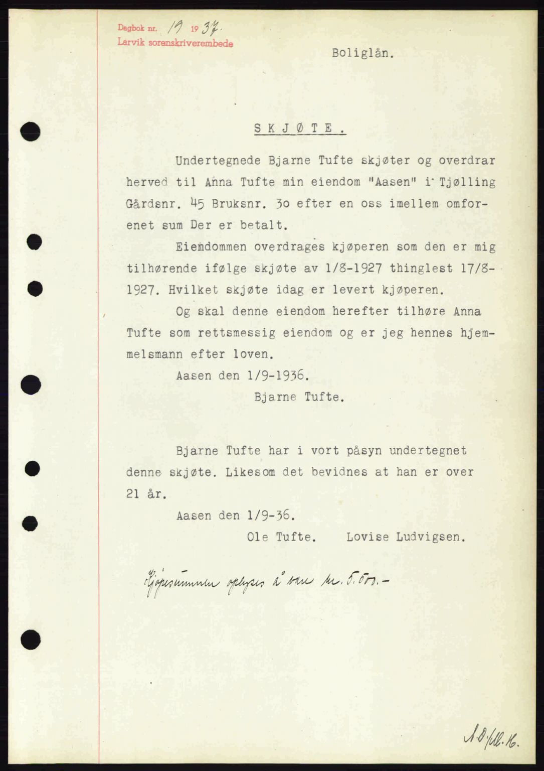 Larvik sorenskriveri, SAKO/A-83/G/Ga/Gab/L0067: Pantebok nr. A-1, 1936-1937, Dagboknr: 19/1937