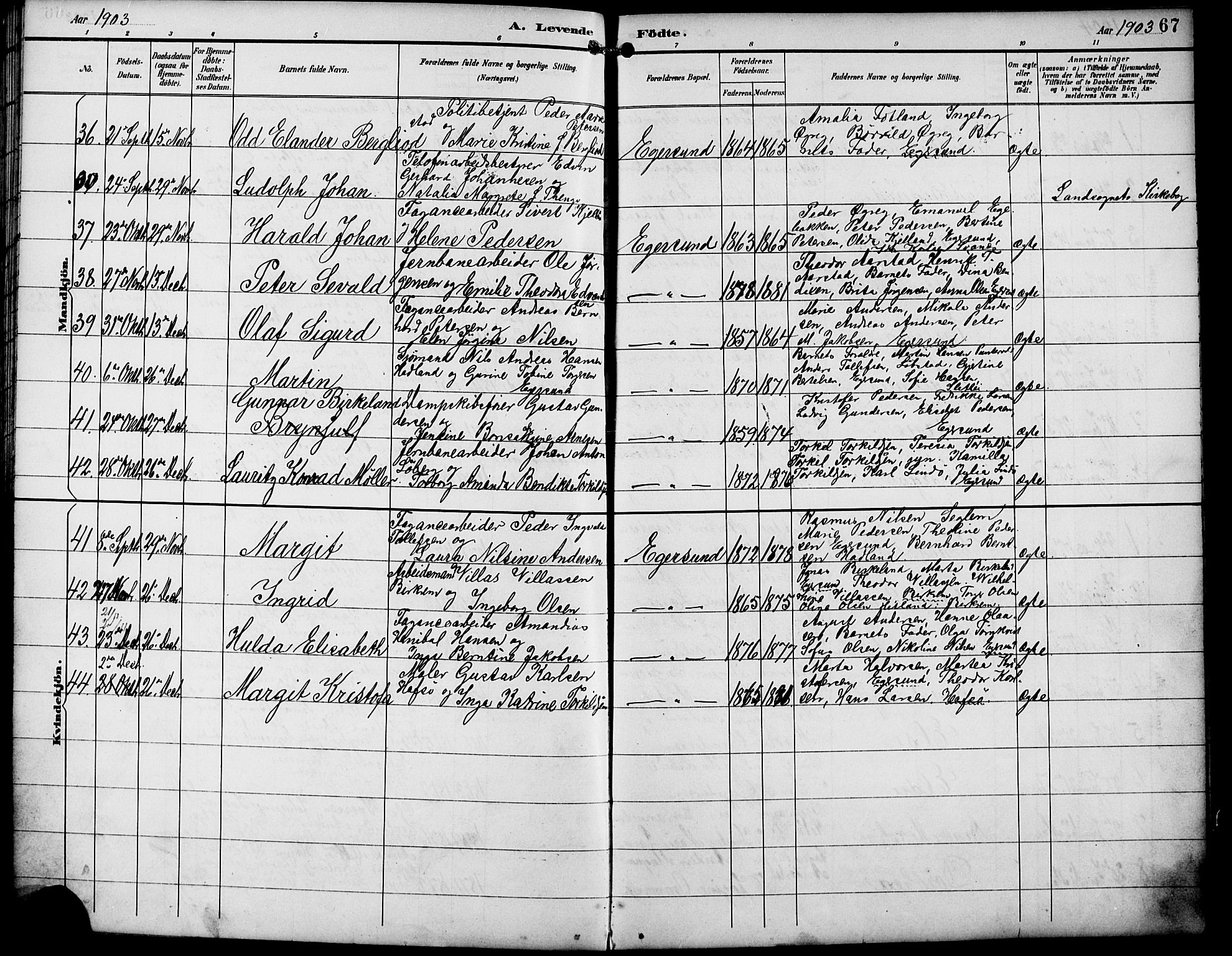 Eigersund sokneprestkontor, AV/SAST-A-101807/S09/L0010: Klokkerbok nr. B 10, 1893-1907, s. 67