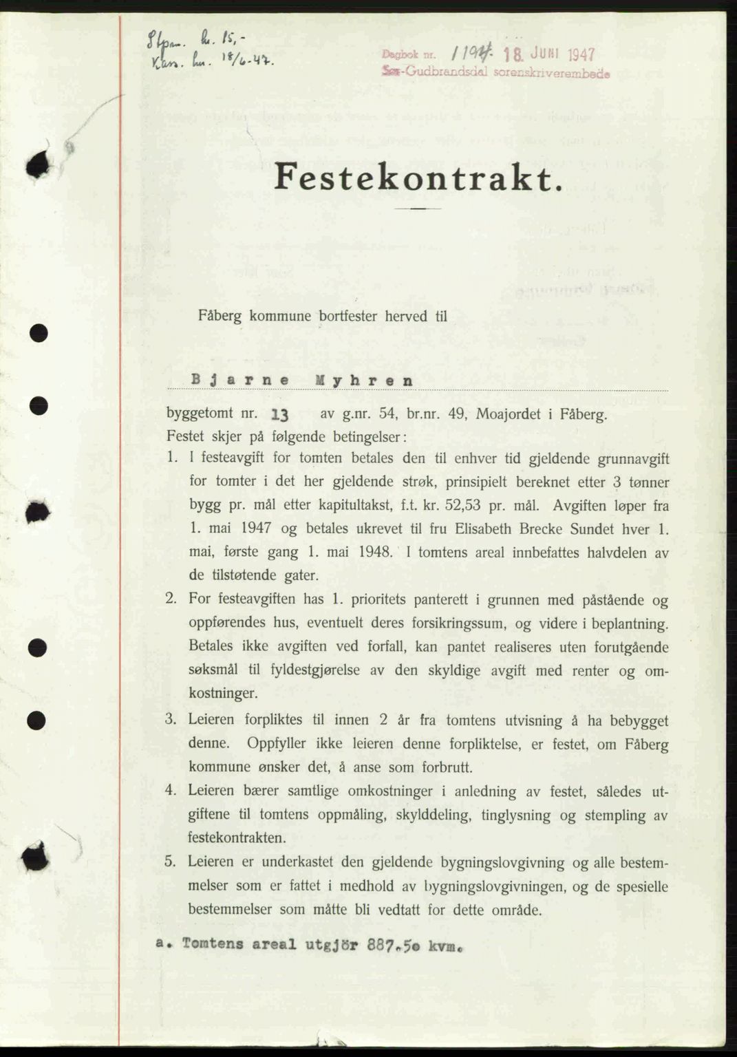 Sør-Gudbrandsdal tingrett, SAH/TING-004/H/Hb/Hbd/L0018: Pantebok nr. A18, 1947-1947, Dagboknr: 1194/1947