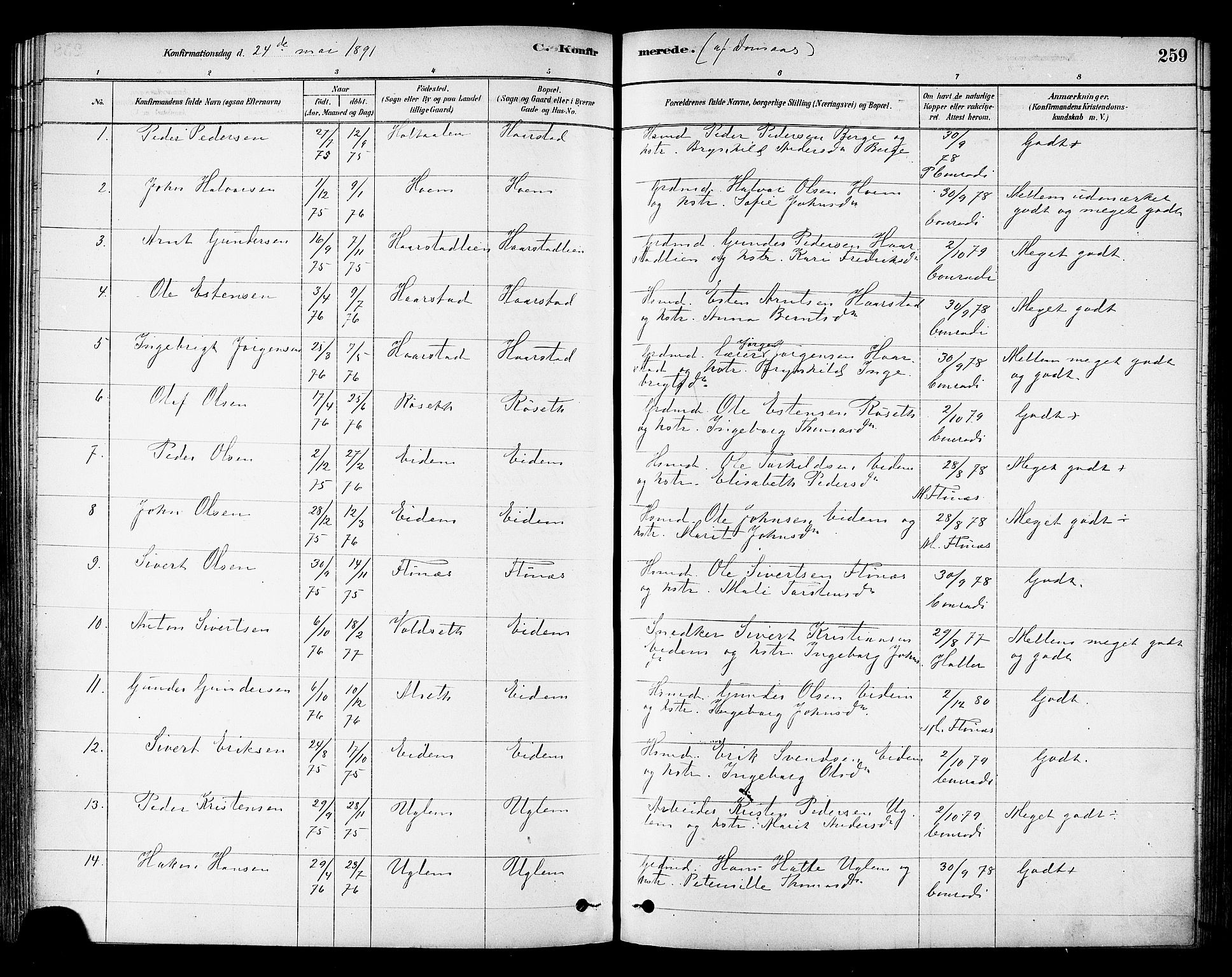 Ministerialprotokoller, klokkerbøker og fødselsregistre - Sør-Trøndelag, AV/SAT-A-1456/695/L1148: Ministerialbok nr. 695A08, 1878-1891, s. 259