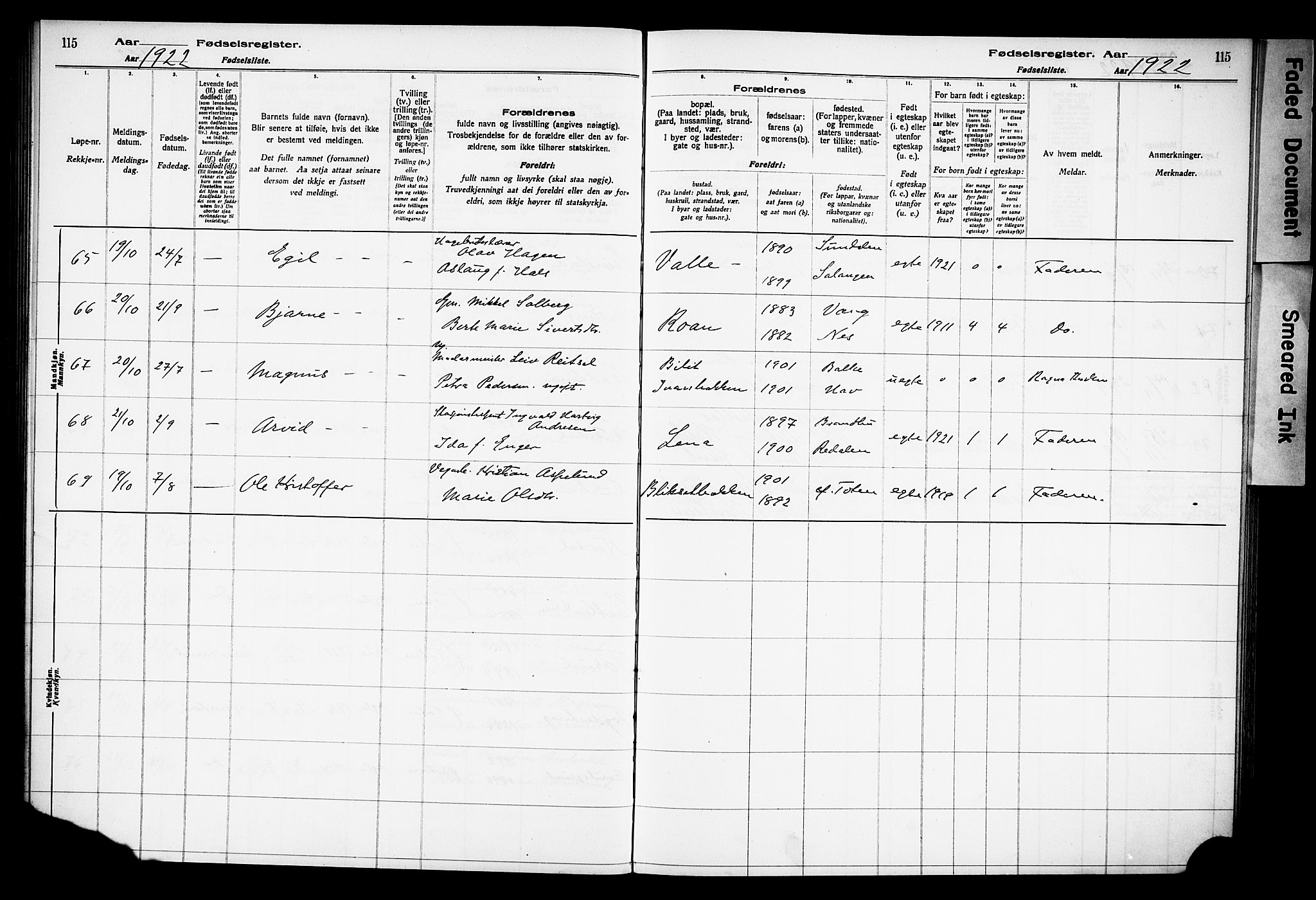 Østre Toten prestekontor, AV/SAH-PREST-104/I/Id/L0001/0001: Fødselsregister nr. 1.1, 1916-1928, s. 115