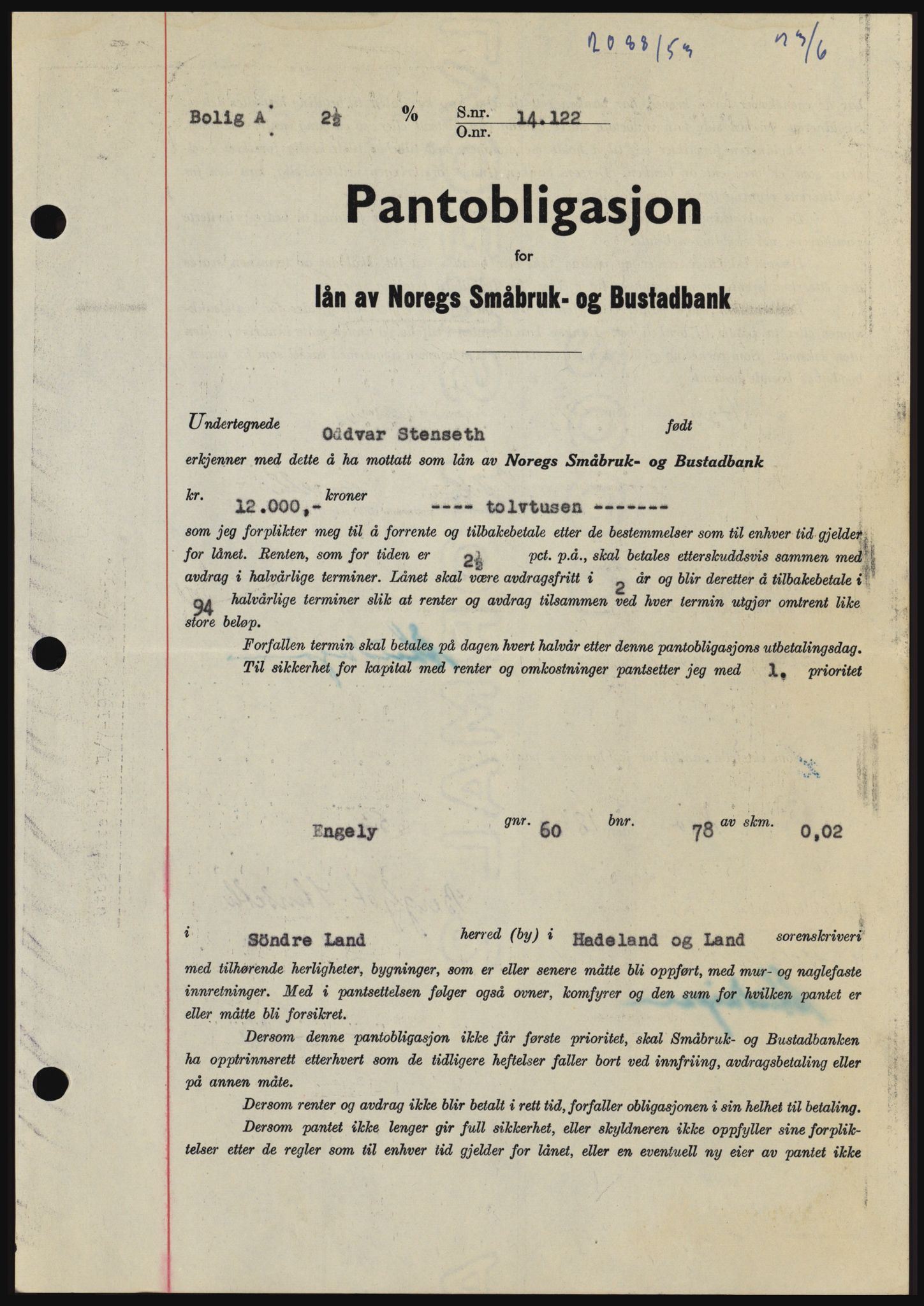 Hadeland og Land tingrett, SAH/TING-010/H/Hb/Hbc/L0027: Pantebok nr. B27, 1953-1953, Dagboknr: 2088/1953