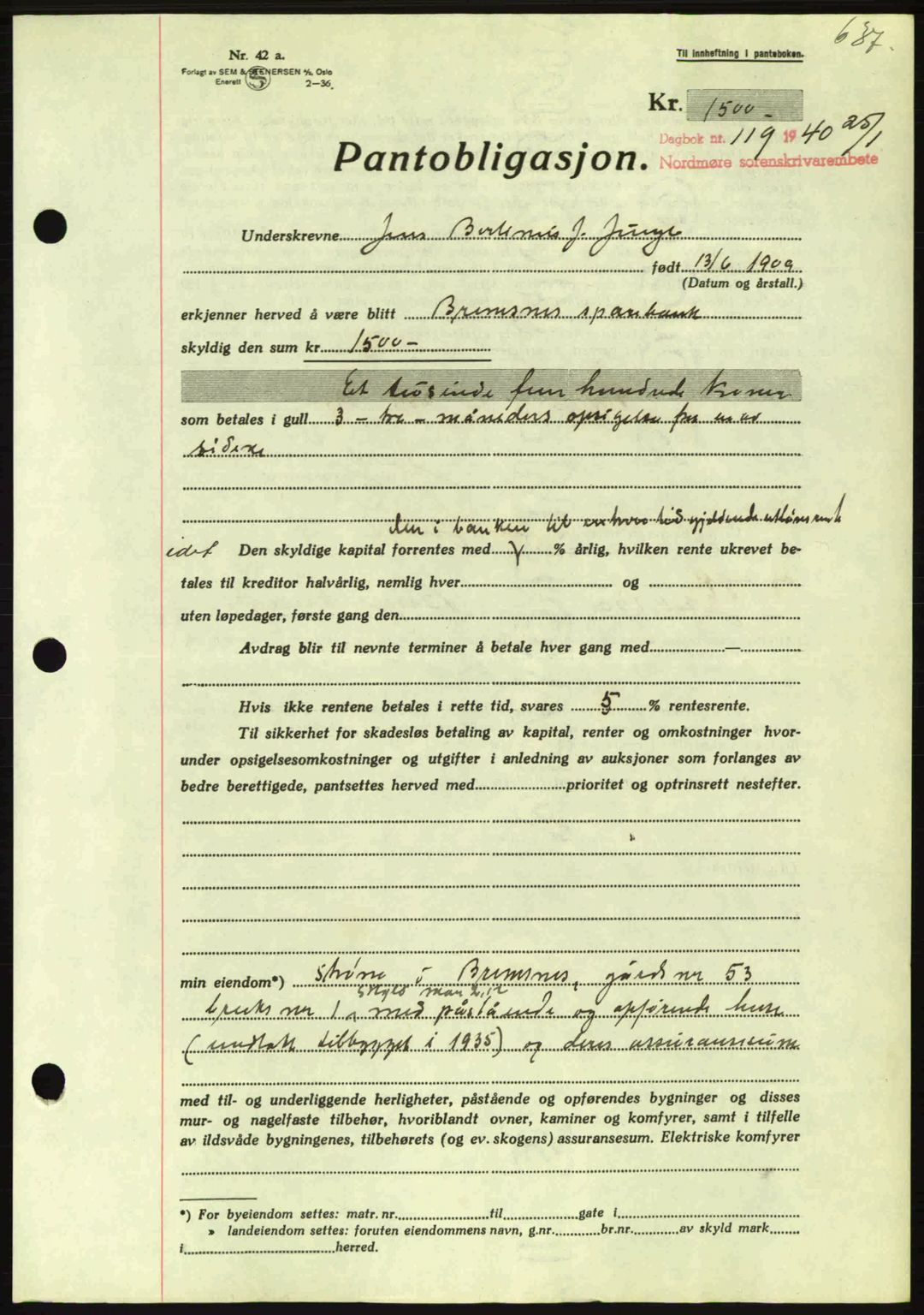 Nordmøre sorenskriveri, AV/SAT-A-4132/1/2/2Ca: Pantebok nr. B86, 1939-1940, Dagboknr: 119/1940