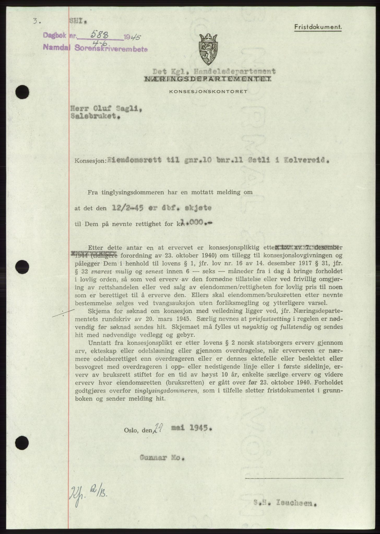 Namdal sorenskriveri, SAT/A-4133/1/2/2C: Pantebok nr. -, 1944-1945, Dagboknr: 583/1945