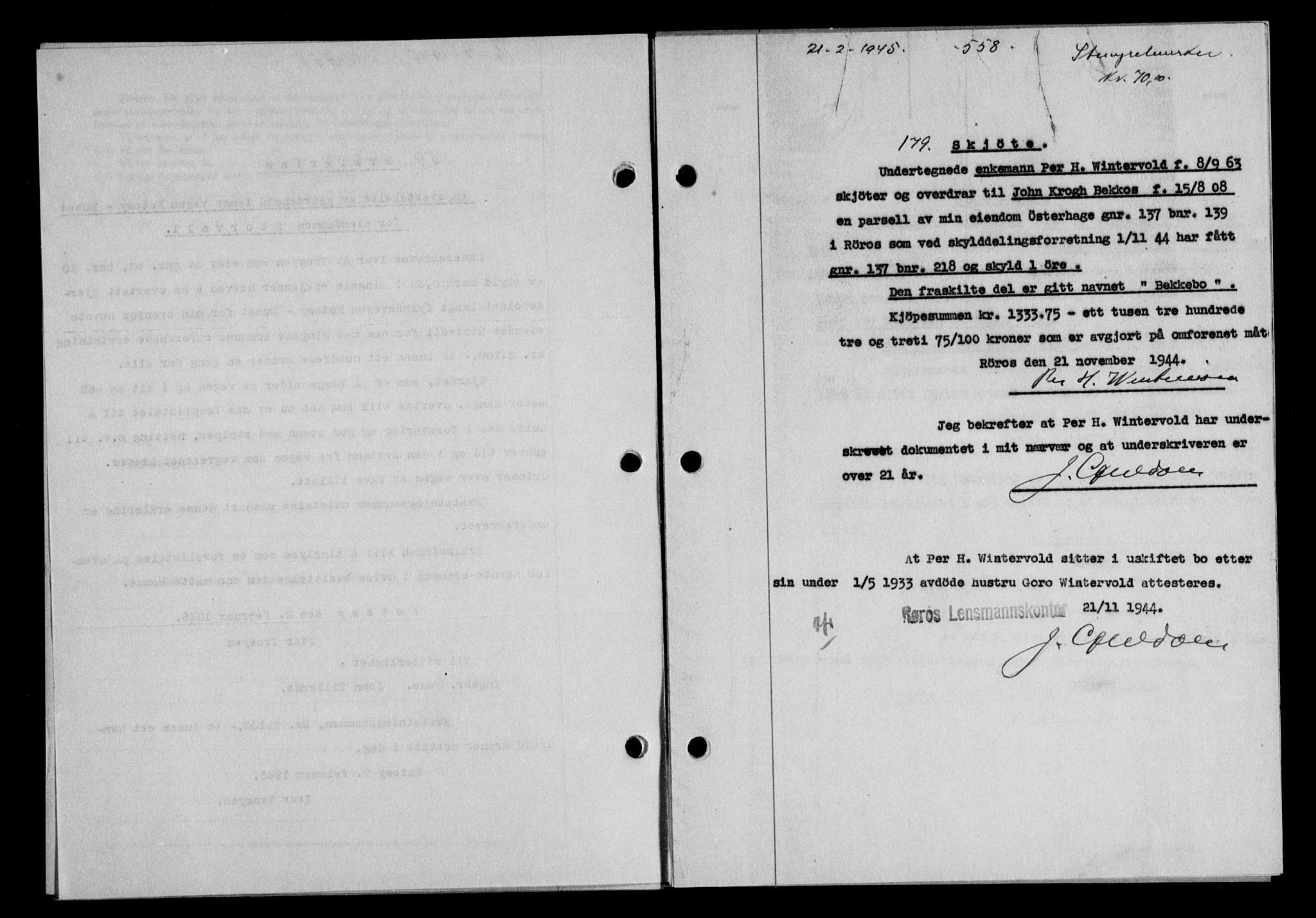 Gauldal sorenskriveri, SAT/A-0014/1/2/2C/L0058: Pantebok nr. 63, 1944-1945, Dagboknr: 179/1945