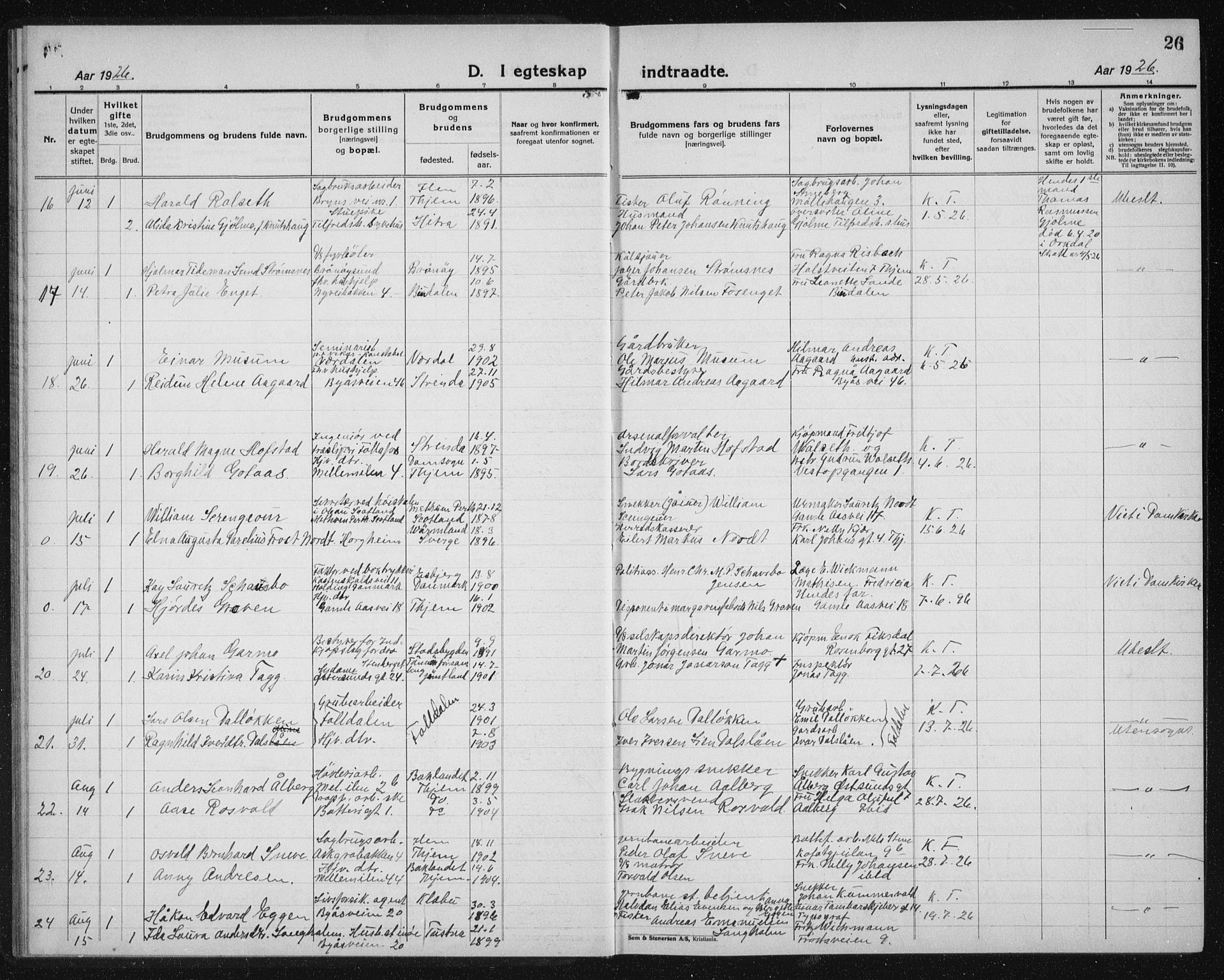 Ministerialprotokoller, klokkerbøker og fødselsregistre - Sør-Trøndelag, AV/SAT-A-1456/603/L0176: Klokkerbok nr. 603C04, 1923-1941, s. 26