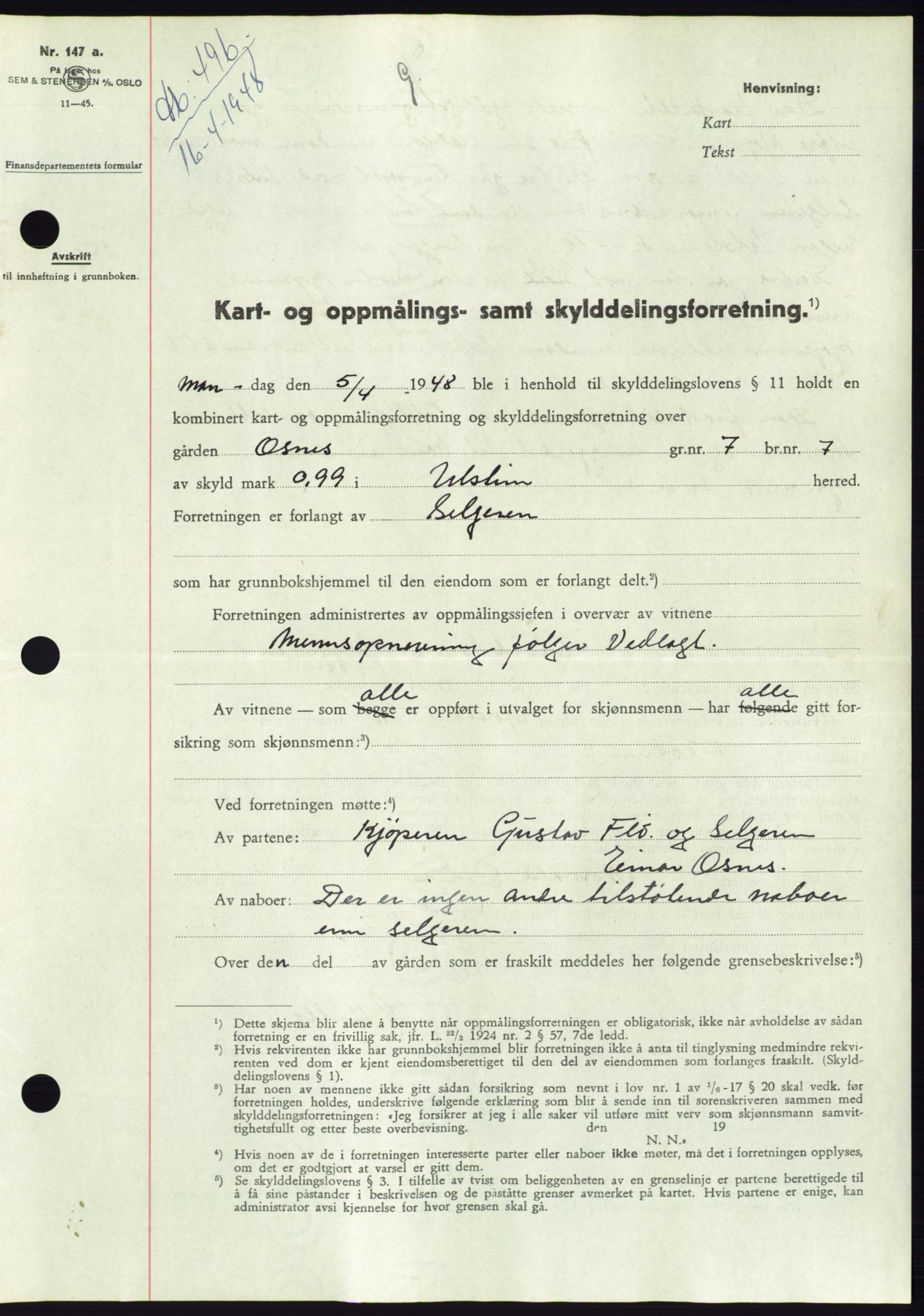 Søre Sunnmøre sorenskriveri, SAT/A-4122/1/2/2C/L0082: Pantebok nr. 8A, 1948-1948, Dagboknr: 496/1948