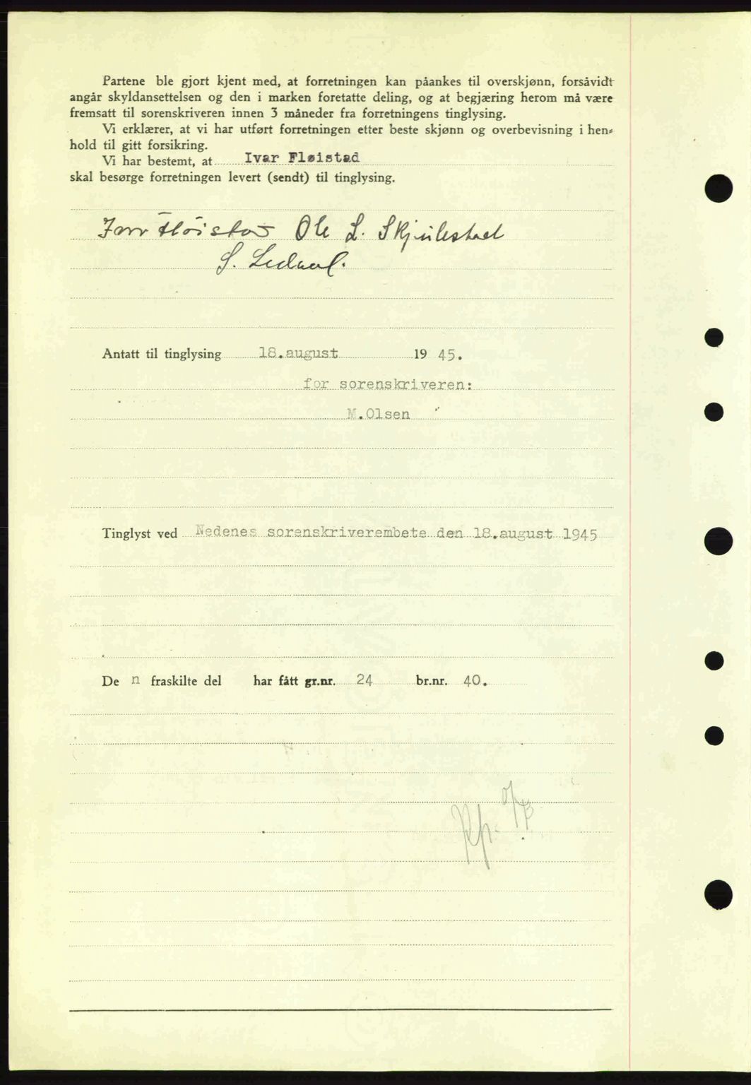 Nedenes sorenskriveri, SAK/1221-0006/G/Gb/Gba/L0052: Pantebok nr. A6a, 1944-1945, Dagboknr: 600/1945