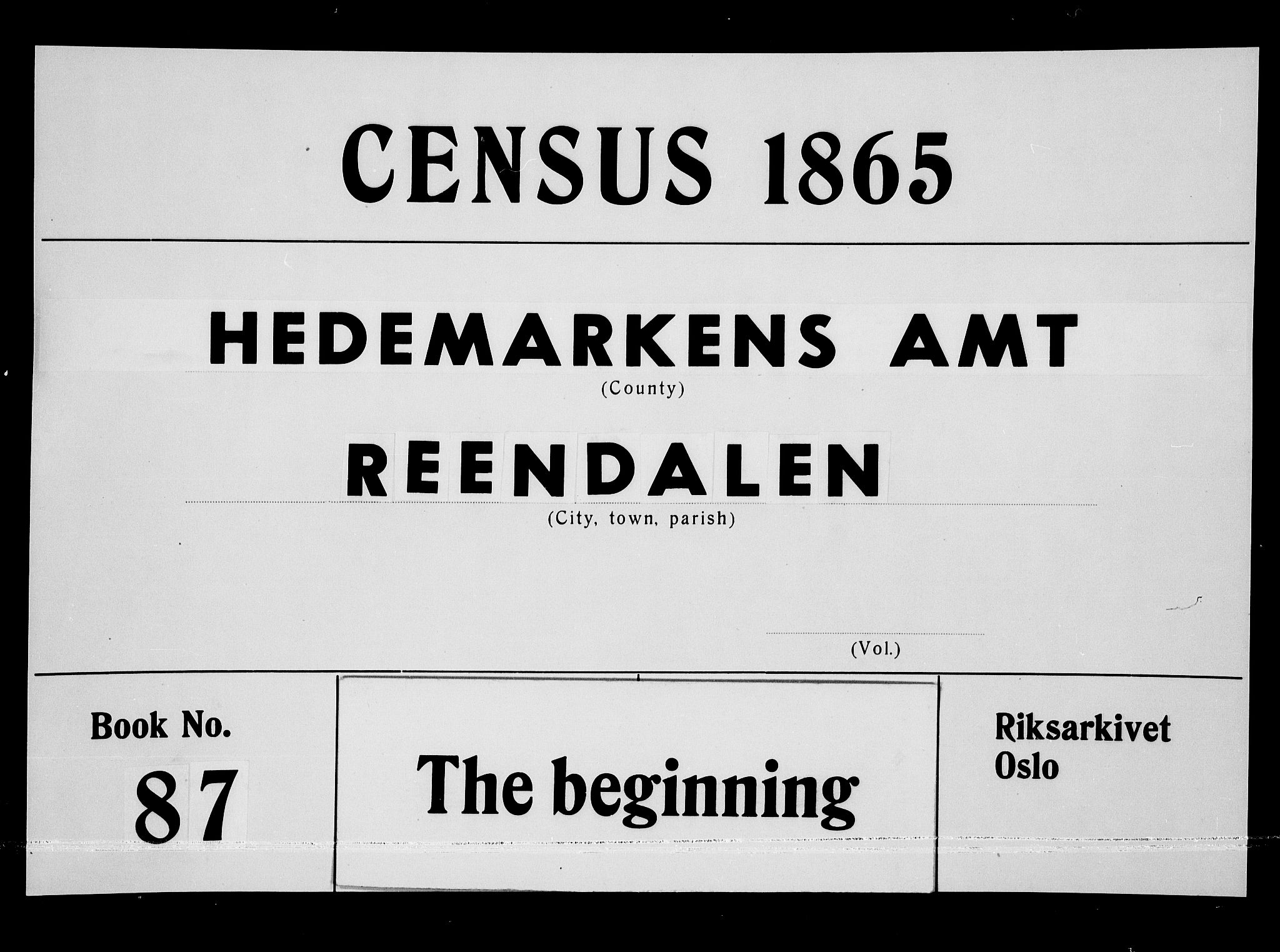 RA, Folketelling 1865 for 0432P Rendalen prestegjeld, 1865, s. 1