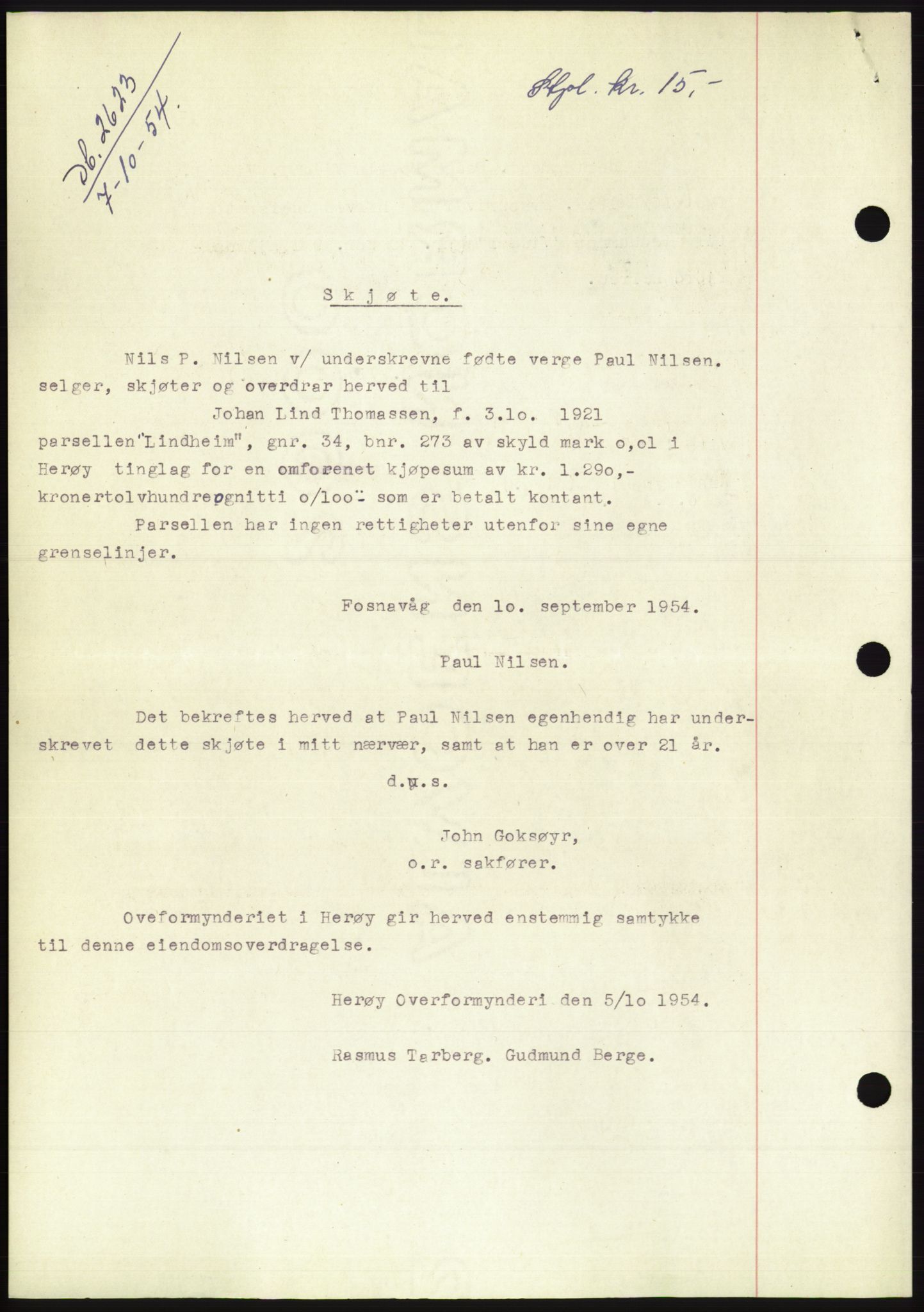 Søre Sunnmøre sorenskriveri, AV/SAT-A-4122/1/2/2C/L0099: Pantebok nr. 25A, 1954-1954, Dagboknr: 2623/1954