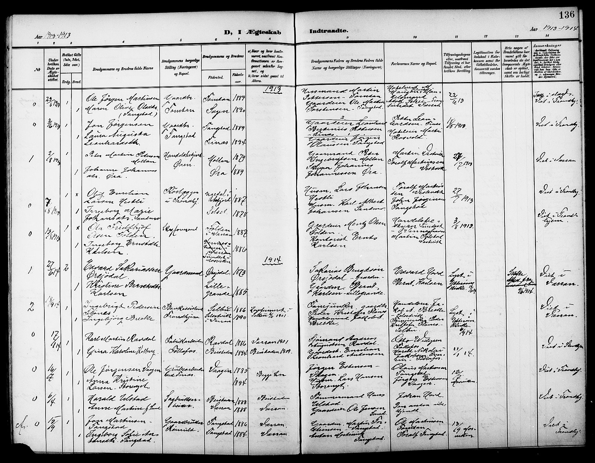 Ministerialprotokoller, klokkerbøker og fødselsregistre - Nord-Trøndelag, SAT/A-1458/744/L0424: Klokkerbok nr. 744C03, 1906-1923, s. 136