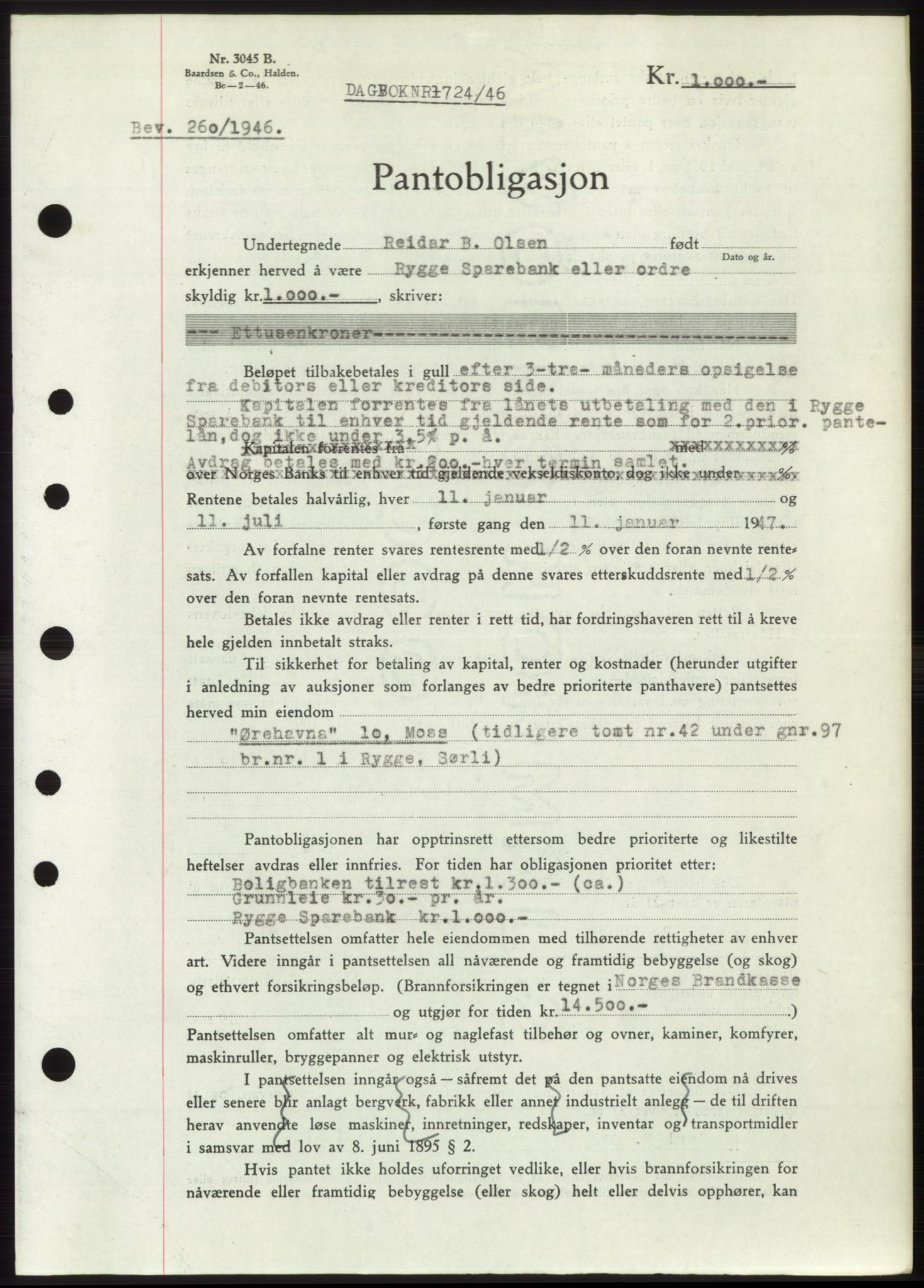 Moss sorenskriveri, SAO/A-10168: Pantebok nr. B15, 1946-1946, Dagboknr: 1724/1946