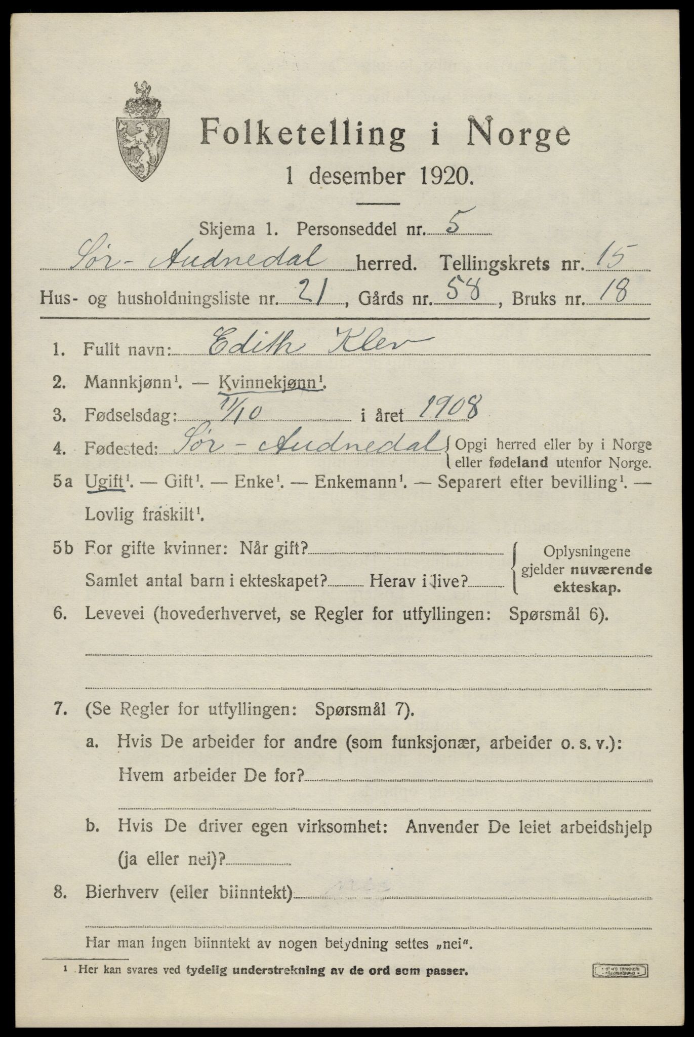 SAK, Folketelling 1920 for 1029 Sør-Audnedal herred, 1920, s. 5915