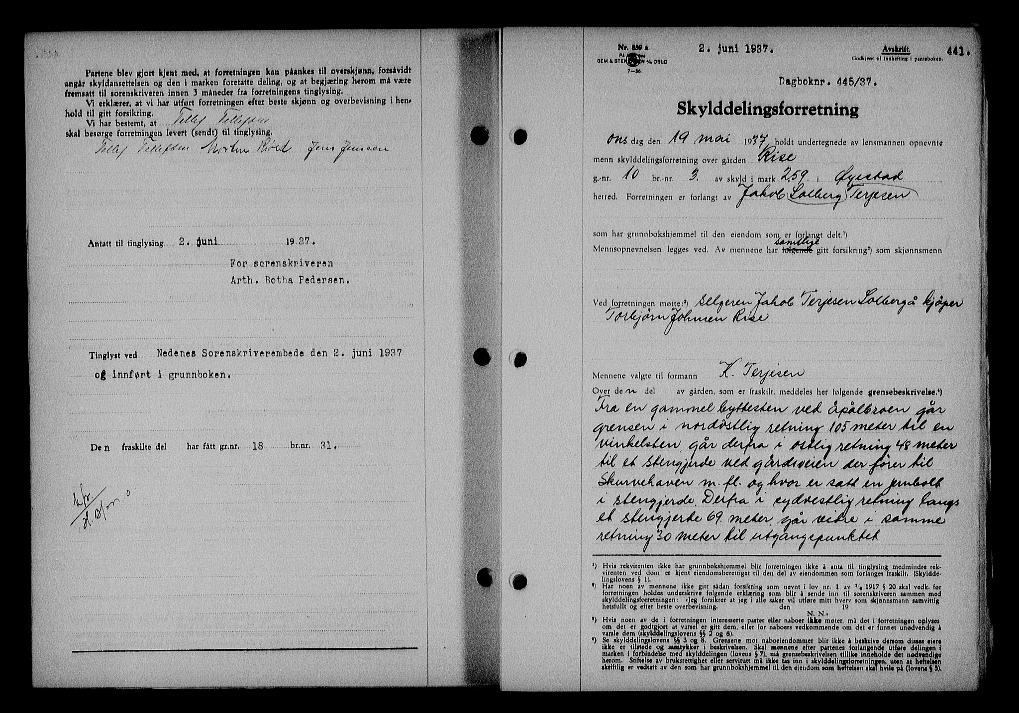 Nedenes sorenskriveri, AV/SAK-1221-0006/G/Gb/Gba/L0043: Pantebok nr. 39, 1936-1937, Dagboknr: 445/1937