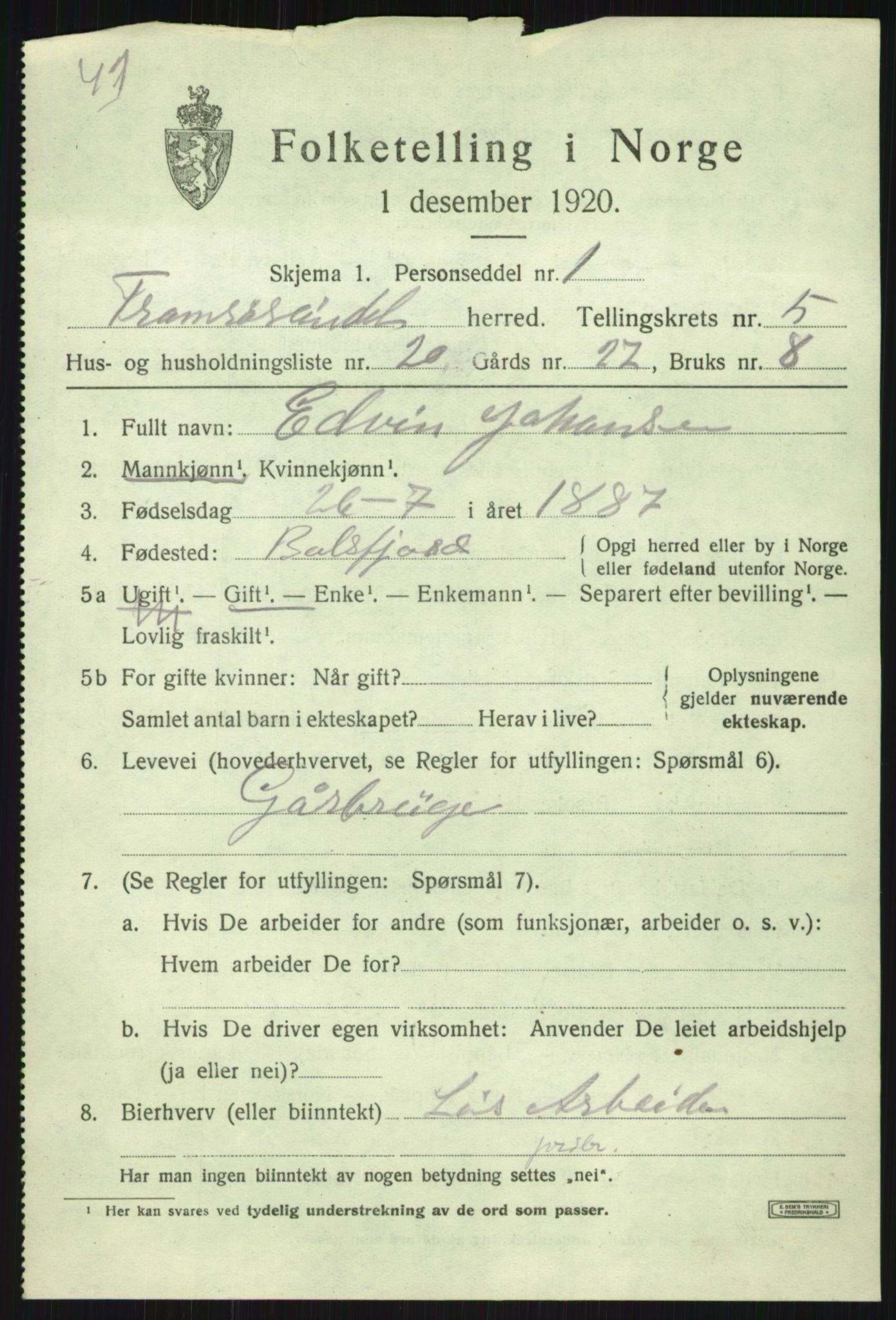 SATØ, Folketelling 1920 for 1934 Tromsøysund herred, 1920, s. 4956