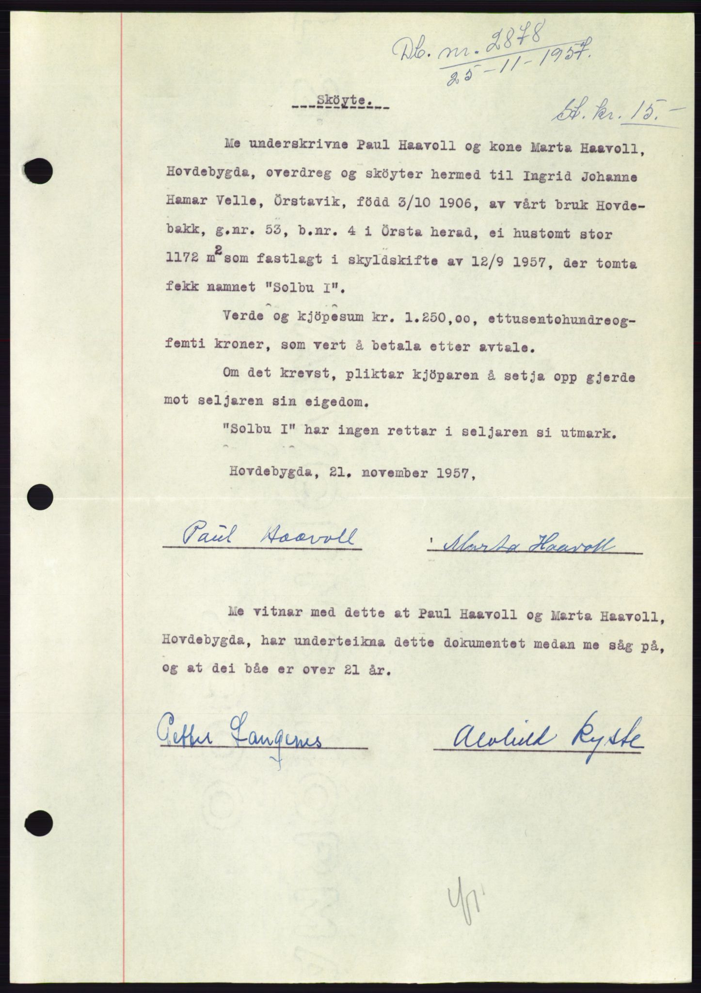 Søre Sunnmøre sorenskriveri, AV/SAT-A-4122/1/2/2C/L0108: Pantebok nr. 34A, 1957-1958, Dagboknr: 2878/1957
