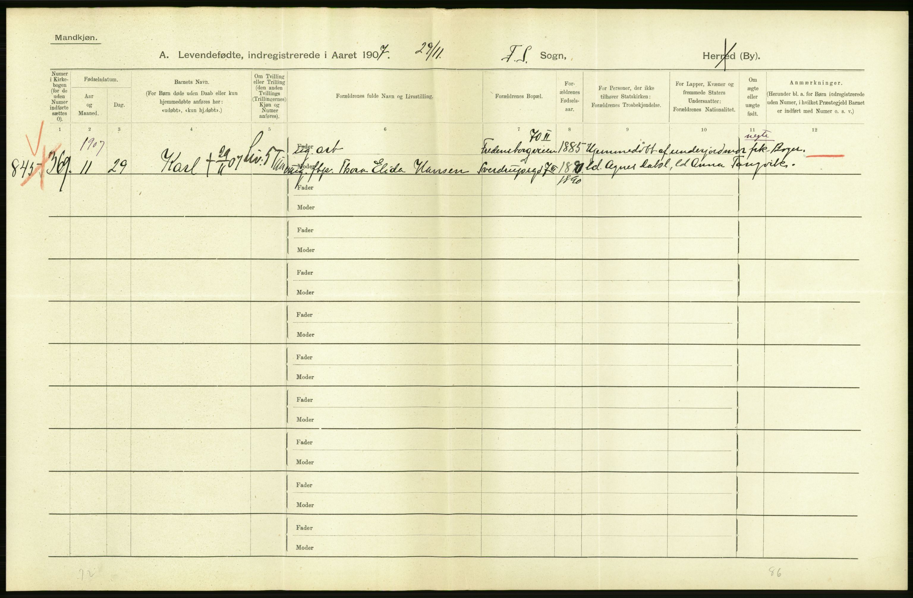 Statistisk sentralbyrå, Sosiodemografiske emner, Befolkning, AV/RA-S-2228/D/Df/Dfa/Dfae/L0007: Kristiania: Levendefødte menn og kvinner., 1907, s. 14