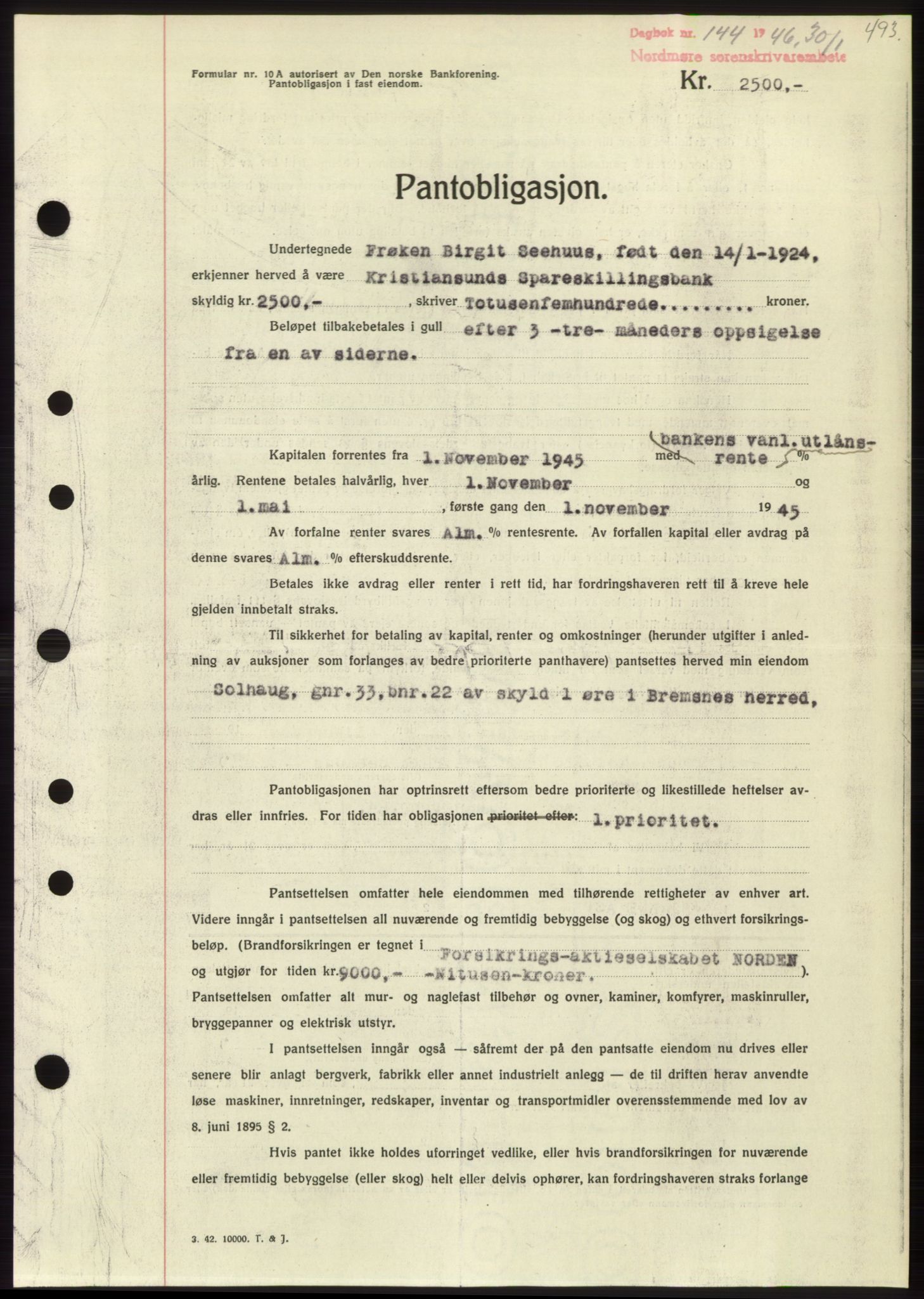 Nordmøre sorenskriveri, SAT/A-4132/1/2/2Ca: Pantebok nr. B93b, 1946-1946, Dagboknr: 144/1946