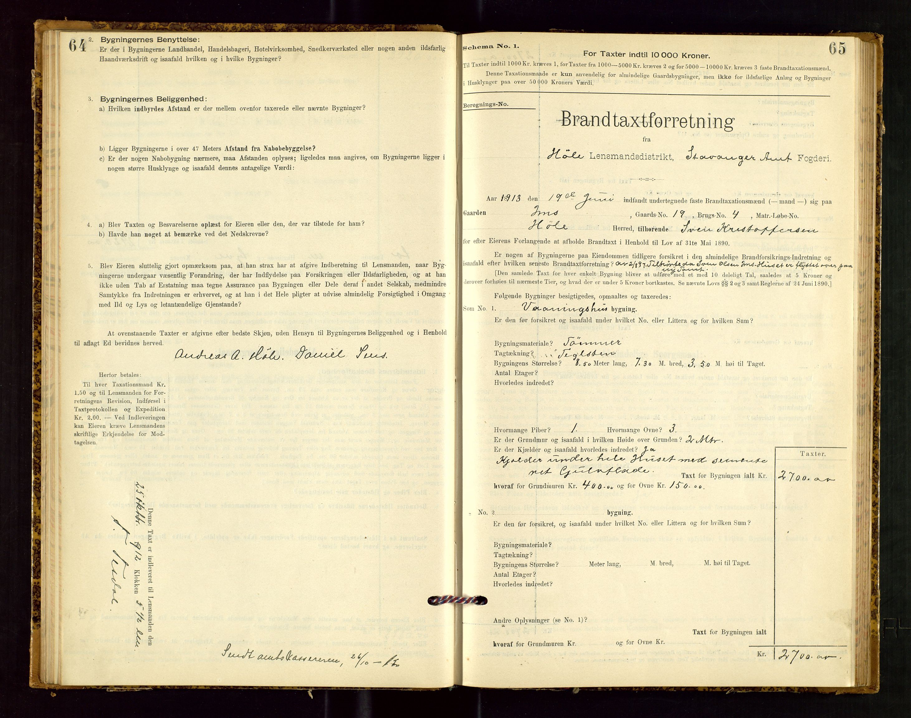 Høle og Forsand lensmannskontor, AV/SAST-A-100127/Gob/L0001: "Brandtaxtprotokol" - skjematakst, 1897-1940, s. 64-65