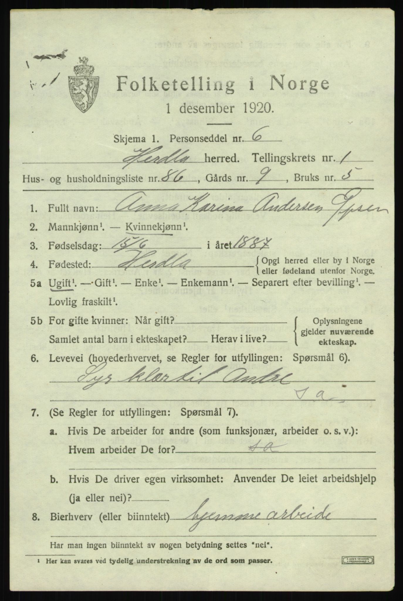 SAB, Folketelling 1920 for 1258 Herdla herred, 1920, s. 2381