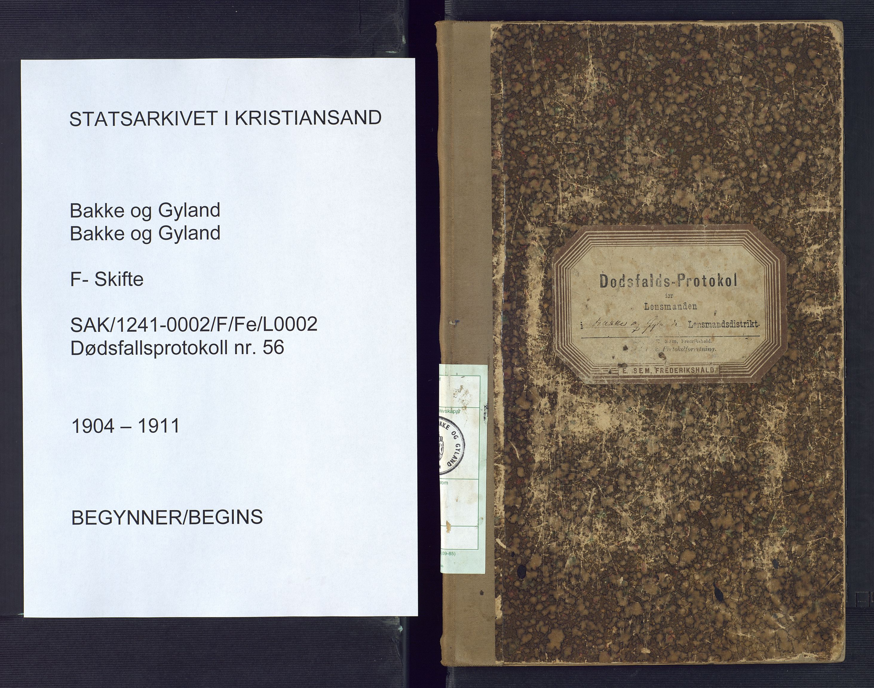 Bakke og Gyland lensmannskontor, SAK/1241-0002/F/Fe/L0002: Anmeldte dødsfall nr 56, 1904-1911