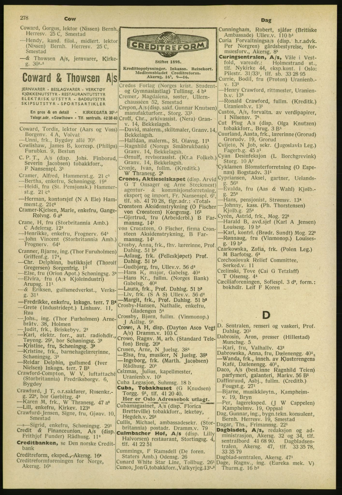 Kristiania/Oslo adressebok, PUBL/-, 1952, s. 278