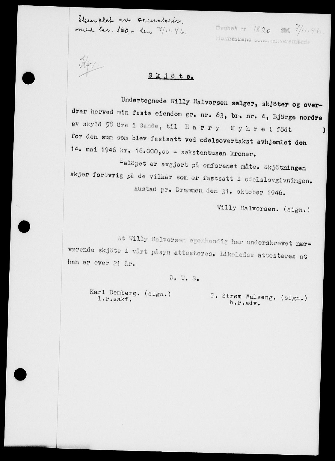 Holmestrand sorenskriveri, SAKO/A-67/G/Ga/Gaa/L0061: Pantebok nr. A-61, 1946-1947, Dagboknr: 1820/1946