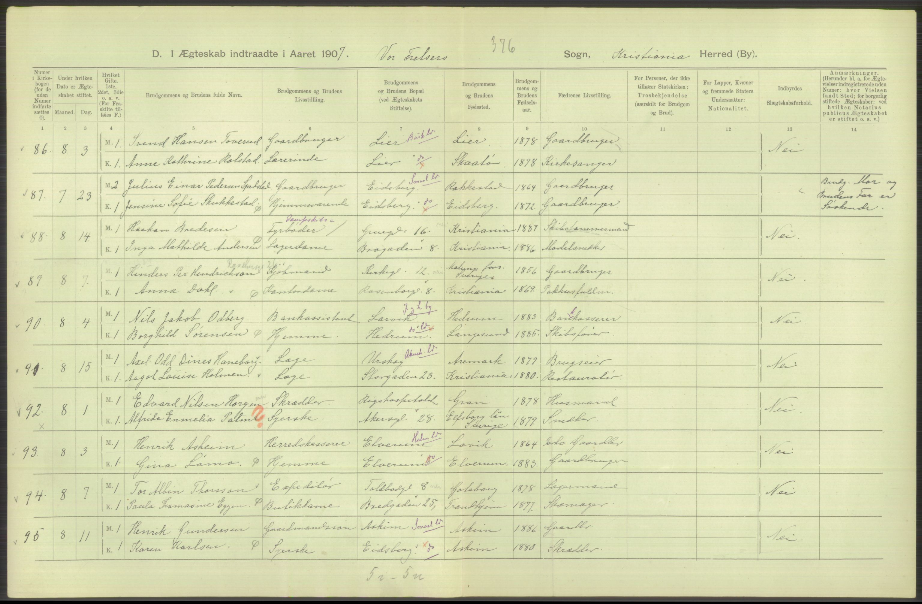 Statistisk sentralbyrå, Sosiodemografiske emner, Befolkning, AV/RA-S-2228/D/Df/Dfa/Dfae/L0008: Kristiania: Gifte, 1907, s. 292