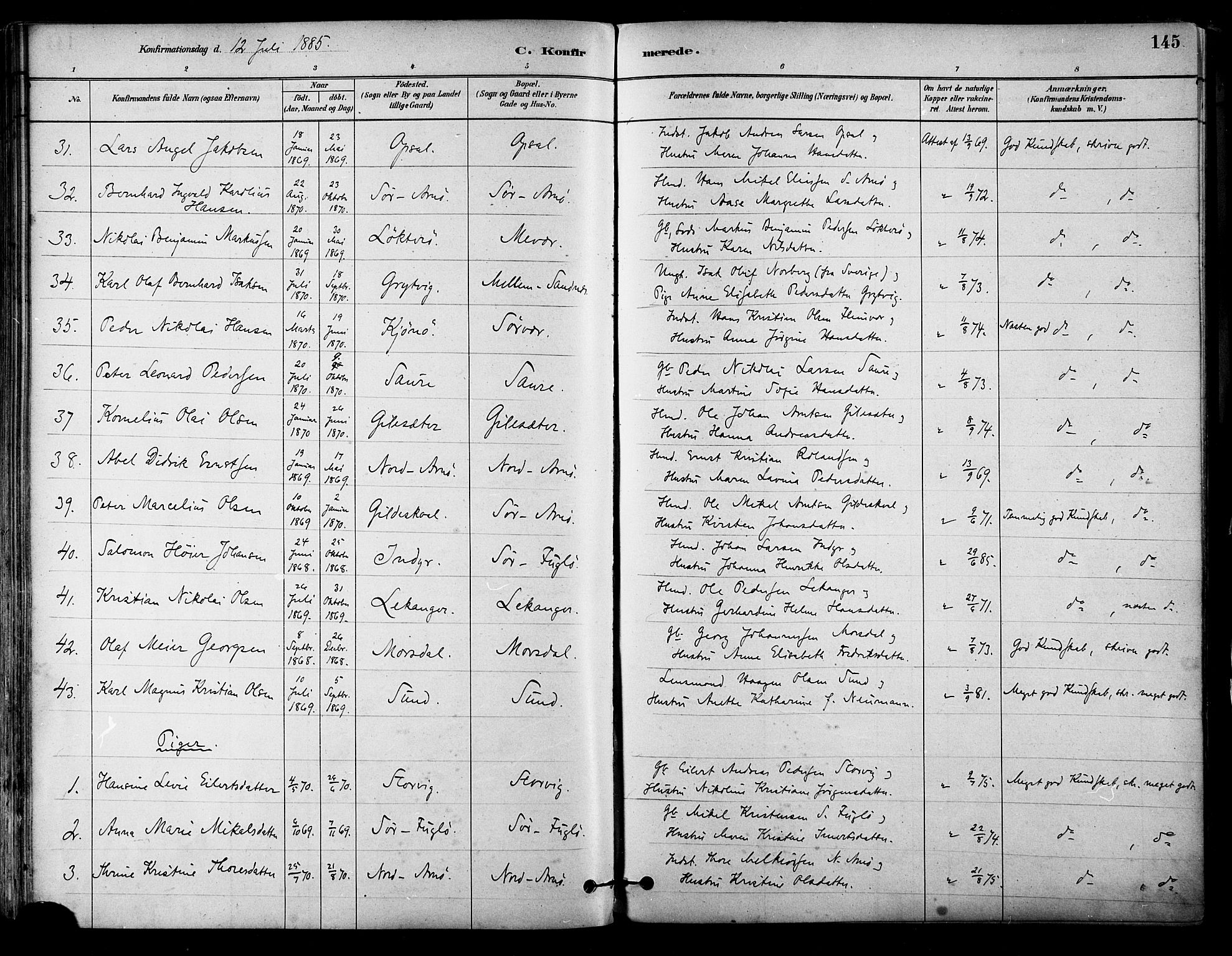 Ministerialprotokoller, klokkerbøker og fødselsregistre - Nordland, AV/SAT-A-1459/805/L0099: Ministerialbok nr. 805A06, 1880-1891, s. 145