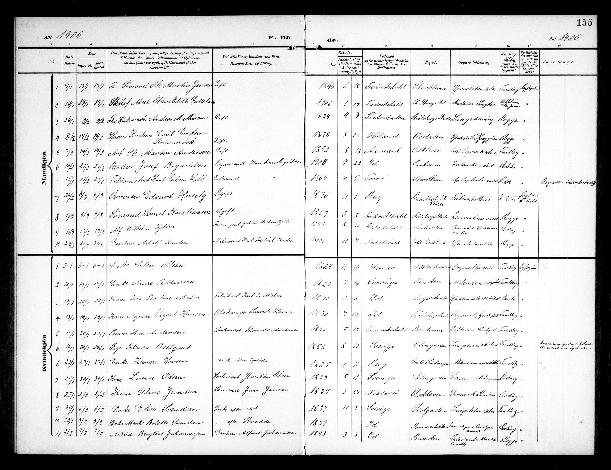 Halden prestekontor Kirkebøker, AV/SAO-A-10909/G/Ga/L0011: Klokkerbok nr. 11, 1906-1934, s. 155