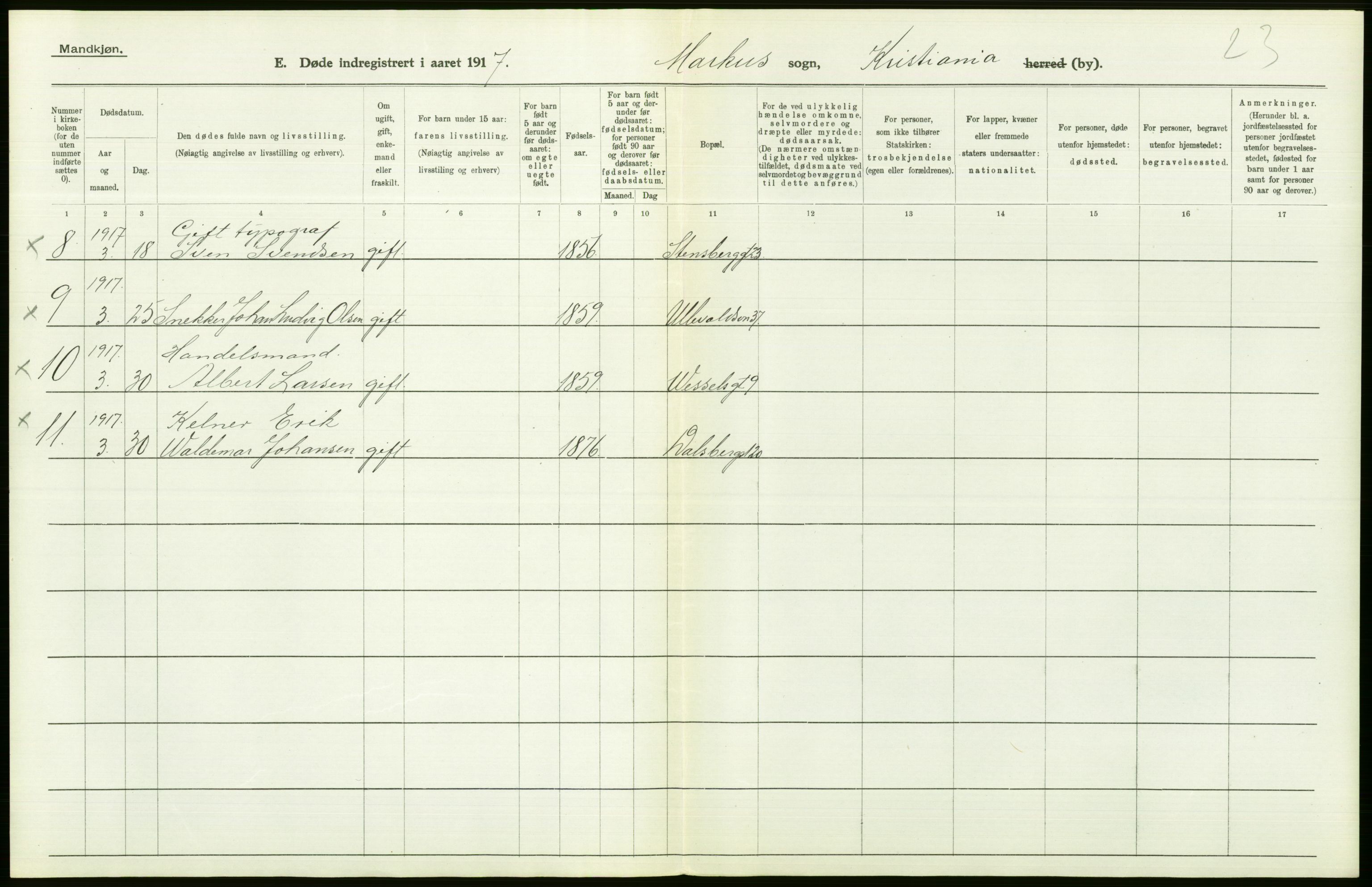 Statistisk sentralbyrå, Sosiodemografiske emner, Befolkning, AV/RA-S-2228/D/Df/Dfb/Dfbg/L0010: Kristiania: Døde, 1917, s. 364