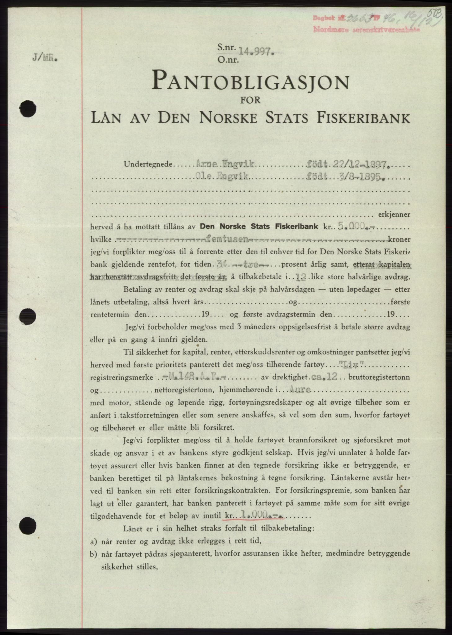 Nordmøre sorenskriveri, SAT/A-4132/1/2/2Ca: Pantebok nr. B95, 1946-1947, Dagboknr: 2653/1946