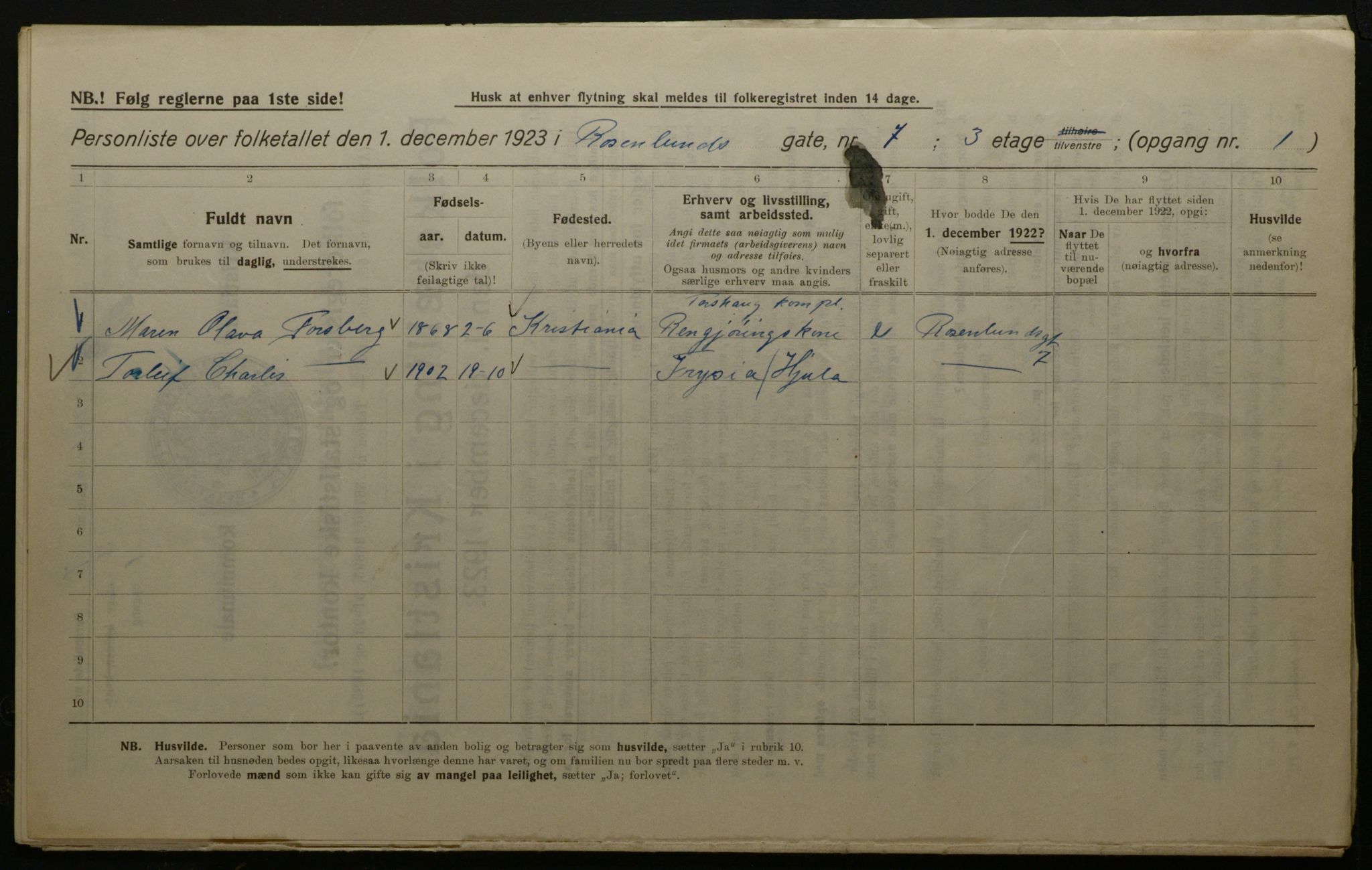 OBA, Kommunal folketelling 1.12.1923 for Kristiania, 1923, s. 92870