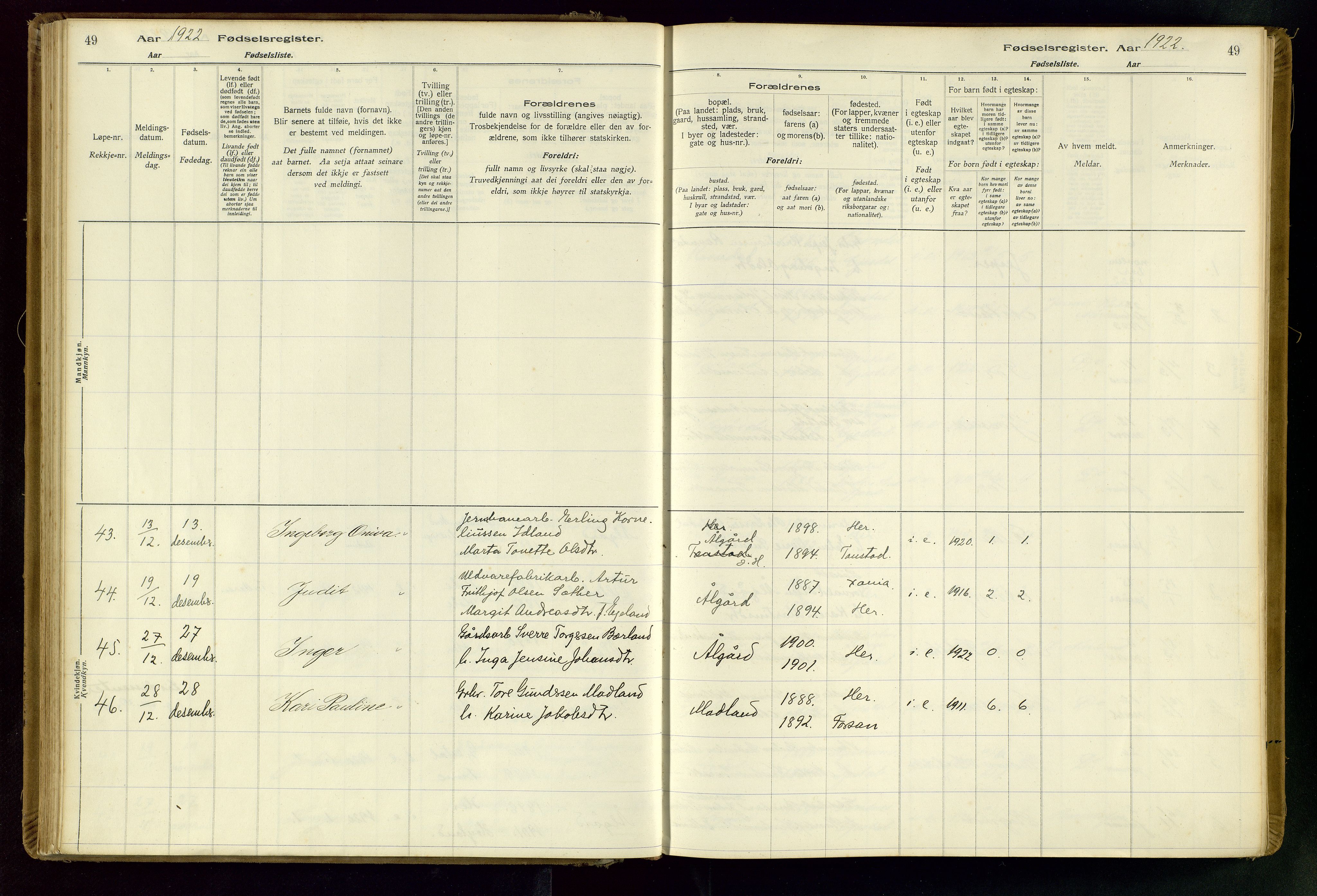 Gjesdal sokneprestkontor, SAST/A-101796/002/O/L0001: Fødselsregister nr. 1, 1916-1949, s. 49