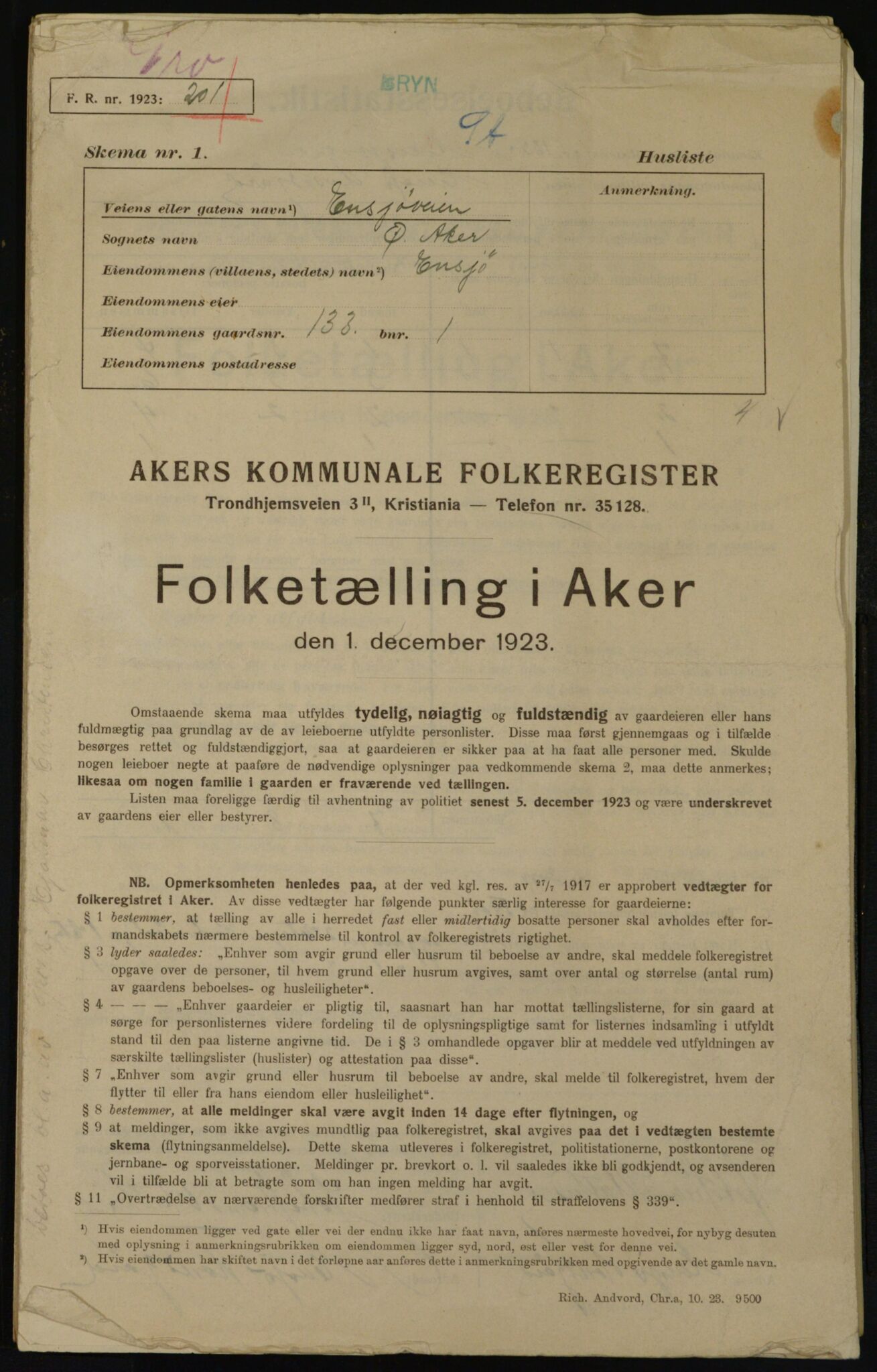 , Kommunal folketelling 1.12.1923 for Aker, 1923, s. 23495