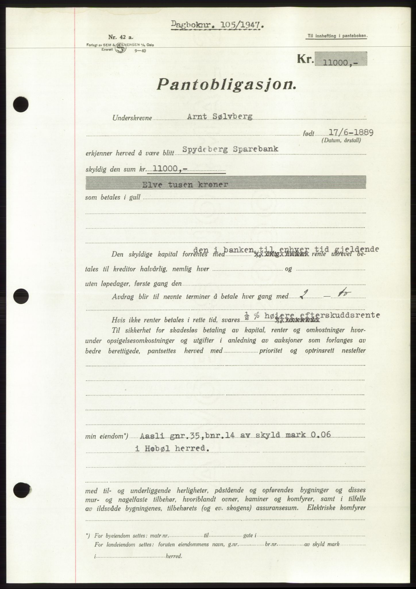 Moss sorenskriveri, SAO/A-10168: Pantebok nr. B16, 1946-1947, Dagboknr: 105/1947