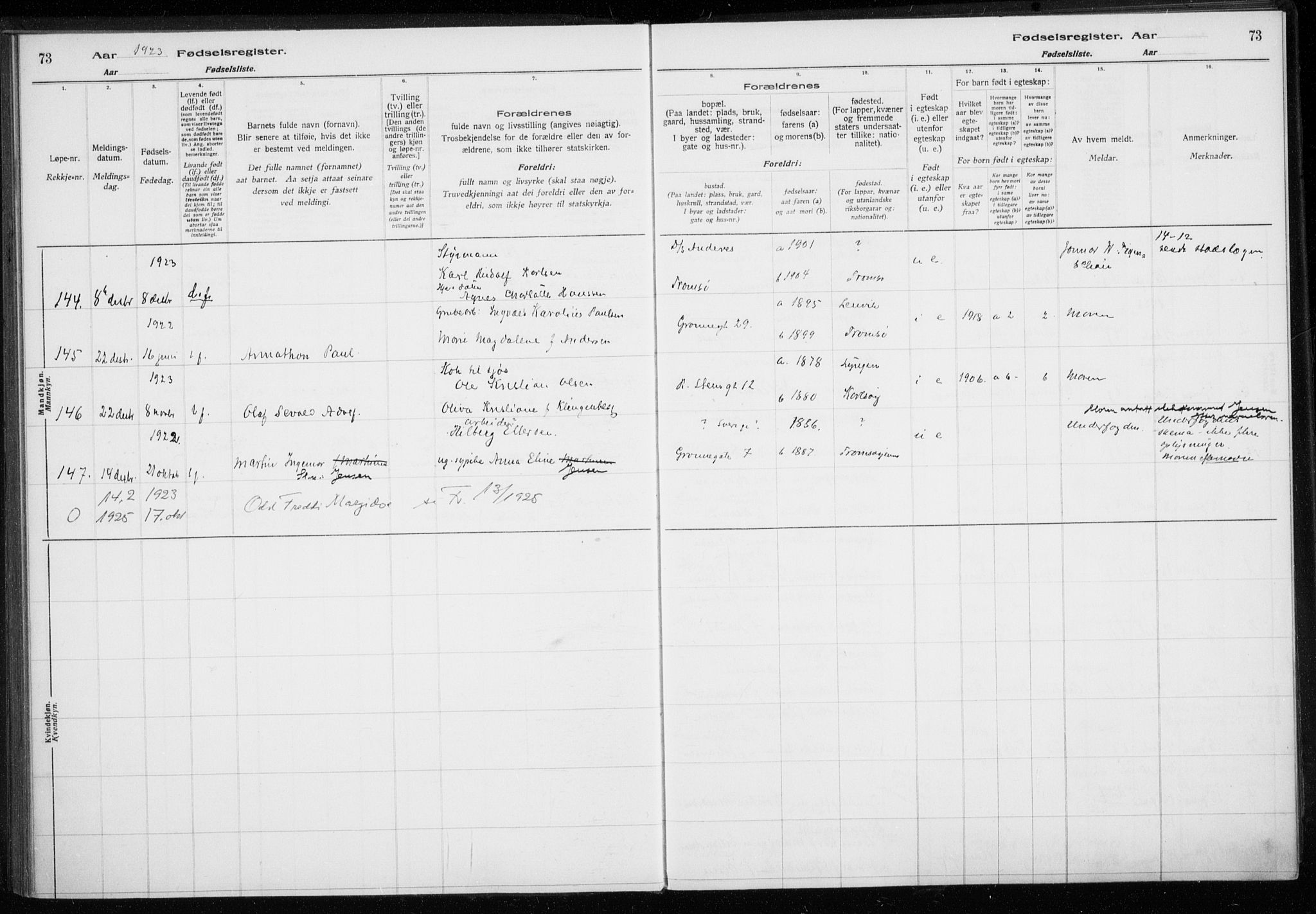 Tromsø sokneprestkontor/stiftsprosti/domprosti, AV/SATØ-S-1343/H/Ha/L0132: Fødselsregister nr. 132, 1921-1927, s. 73