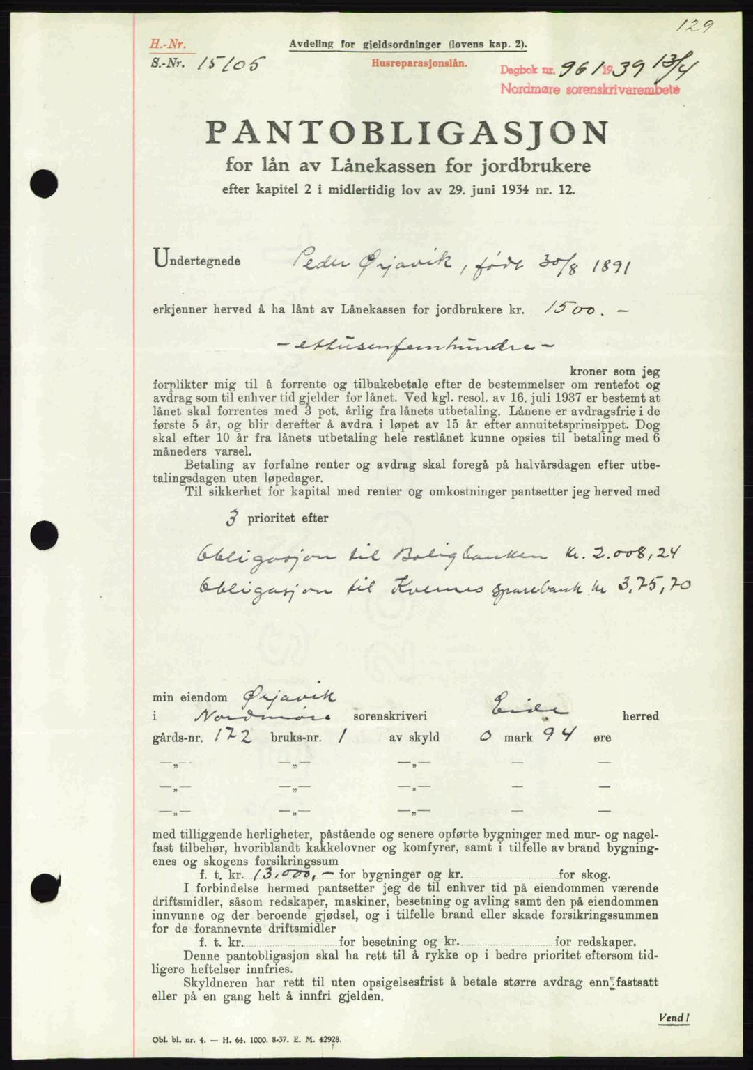 Nordmøre sorenskriveri, AV/SAT-A-4132/1/2/2Ca: Pantebok nr. B85, 1939-1939, Dagboknr: 961/1939