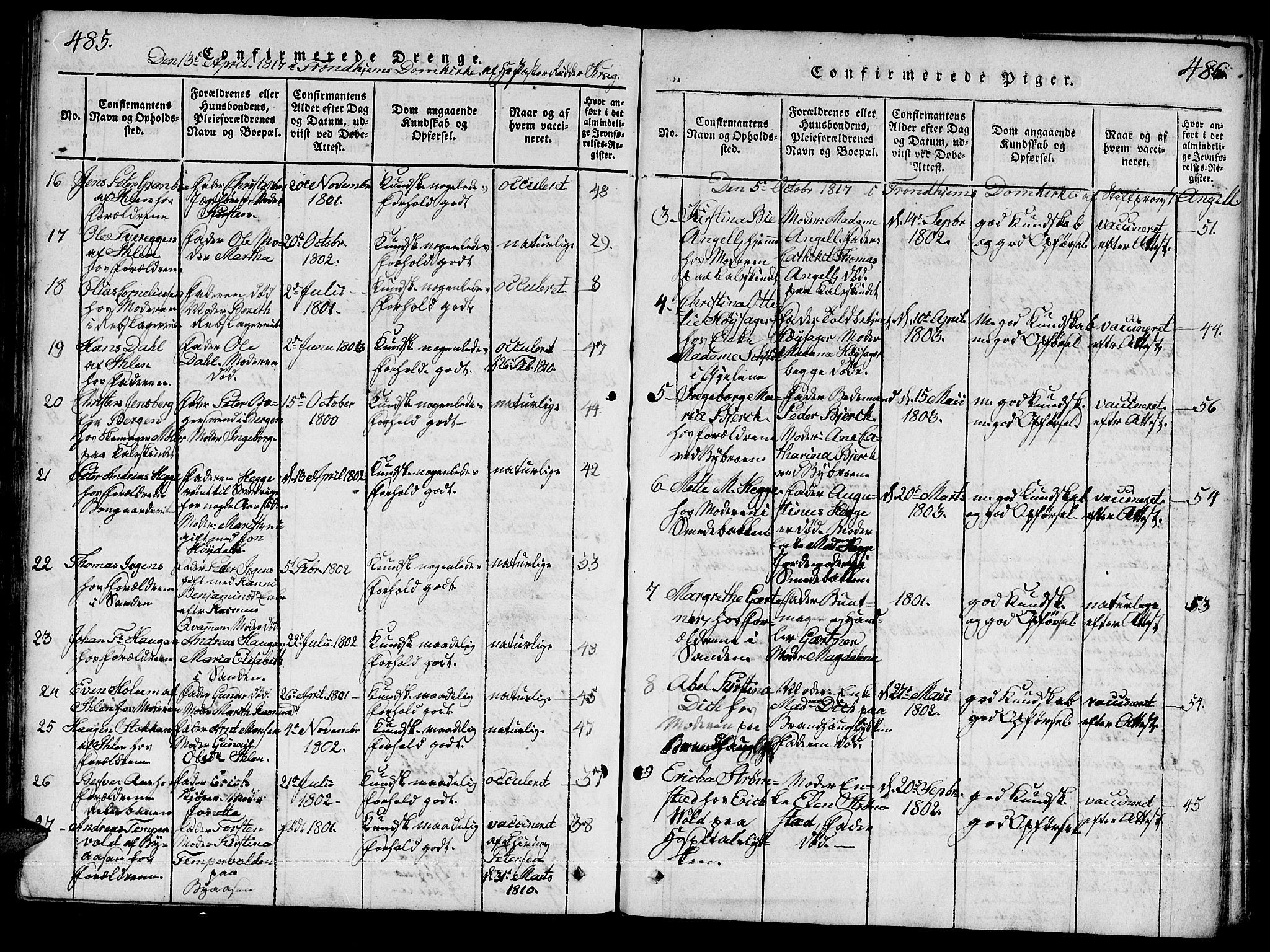 Ministerialprotokoller, klokkerbøker og fødselsregistre - Sør-Trøndelag, SAT/A-1456/601/L0043: Ministerialbok nr. 601A11, 1815-1821, s. 485-486