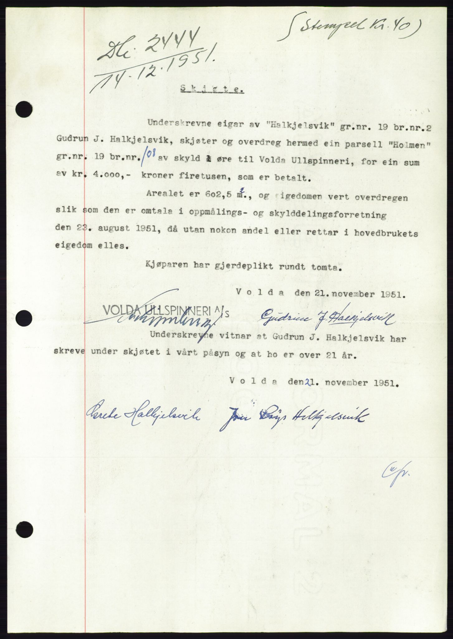 Søre Sunnmøre sorenskriveri, AV/SAT-A-4122/1/2/2C/L0090: Pantebok nr. 16A, 1951-1951, Dagboknr: 2444/1951