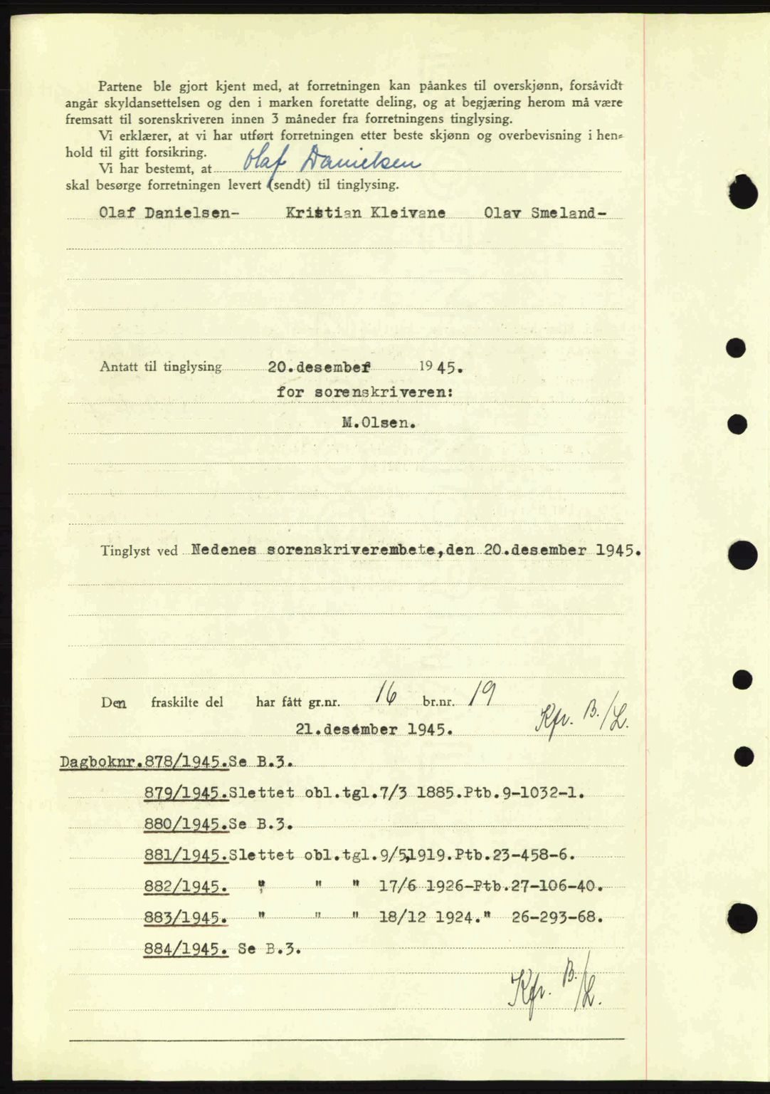 Nedenes sorenskriveri, SAK/1221-0006/G/Gb/Gba/L0053: Pantebok nr. A6b, 1945-1945, Dagboknr: 878/1945