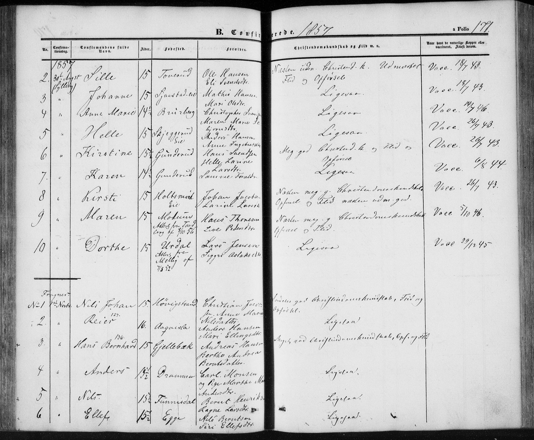Lier kirkebøker, AV/SAKO-A-230/F/Fa/L0012: Ministerialbok nr. I 12, 1854-1864, s. 171