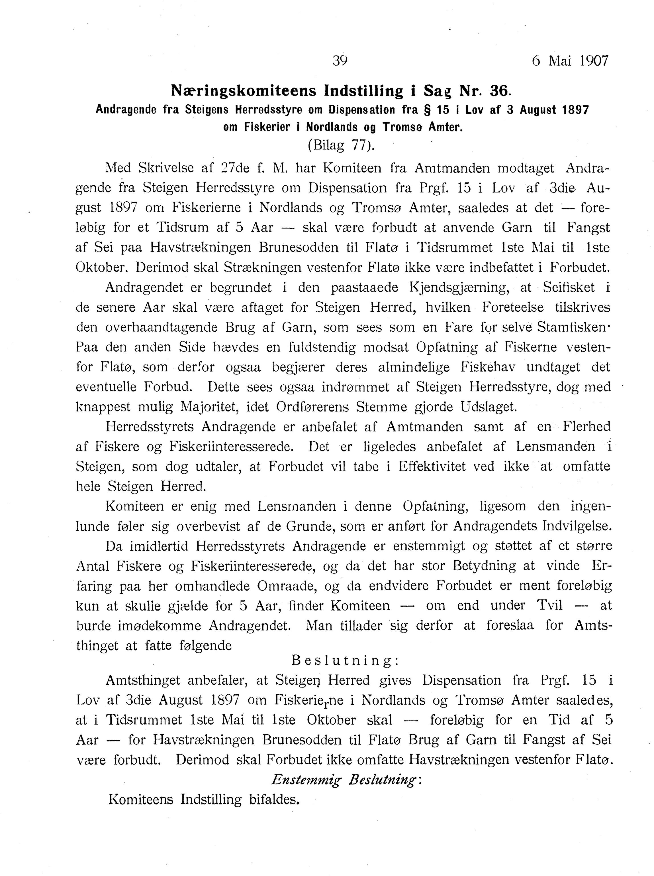 Nordland Fylkeskommune. Fylkestinget, AIN/NFK-17/176/A/Ac/L0030: Fylkestingsforhandlinger 1907, 1907